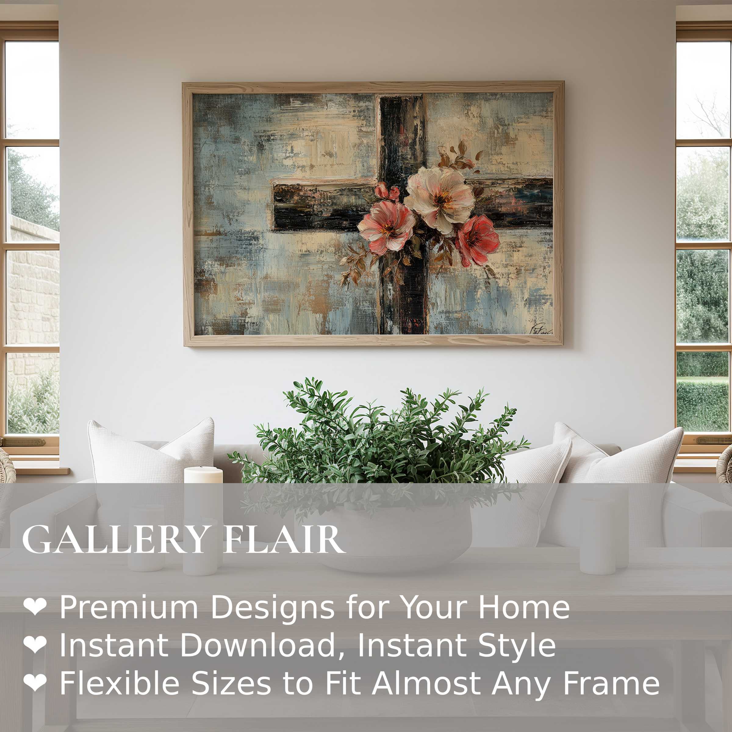 Elegant easter wall art print with soft floral cross design, enhancing modern farmhouse interiors with serene, uplifting charm