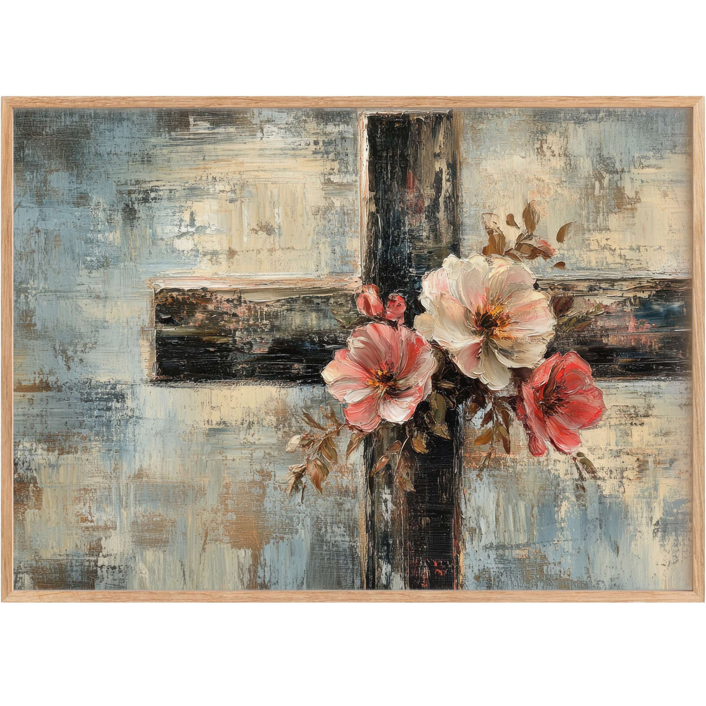 Rustic easter printable wall art with textured cross and soft coral blooms, evoking serene warmth and timeless grace