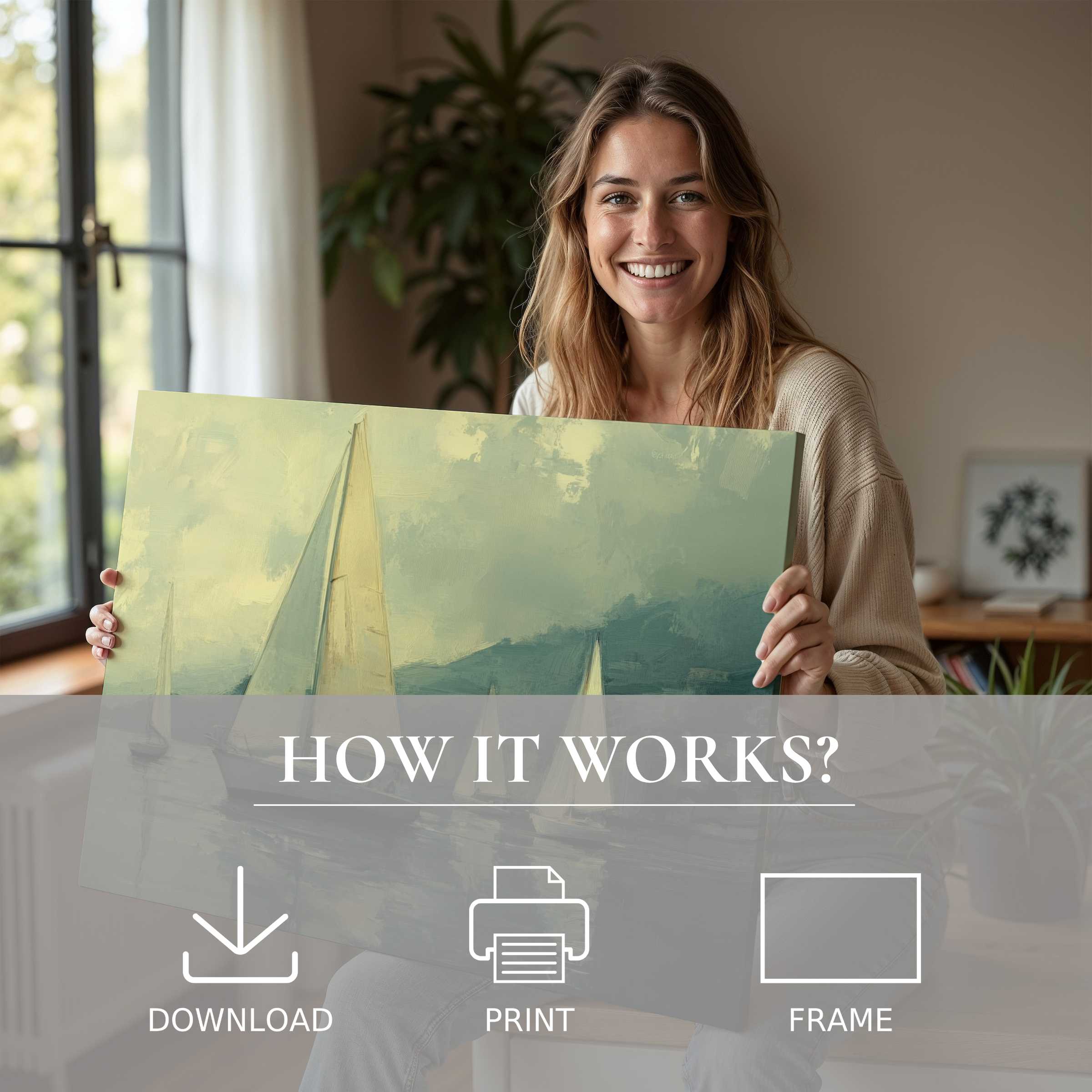 Woman in a stylish home exudes joy while presenting a serene beach digital art print, inspiring effortless elegance in living with art