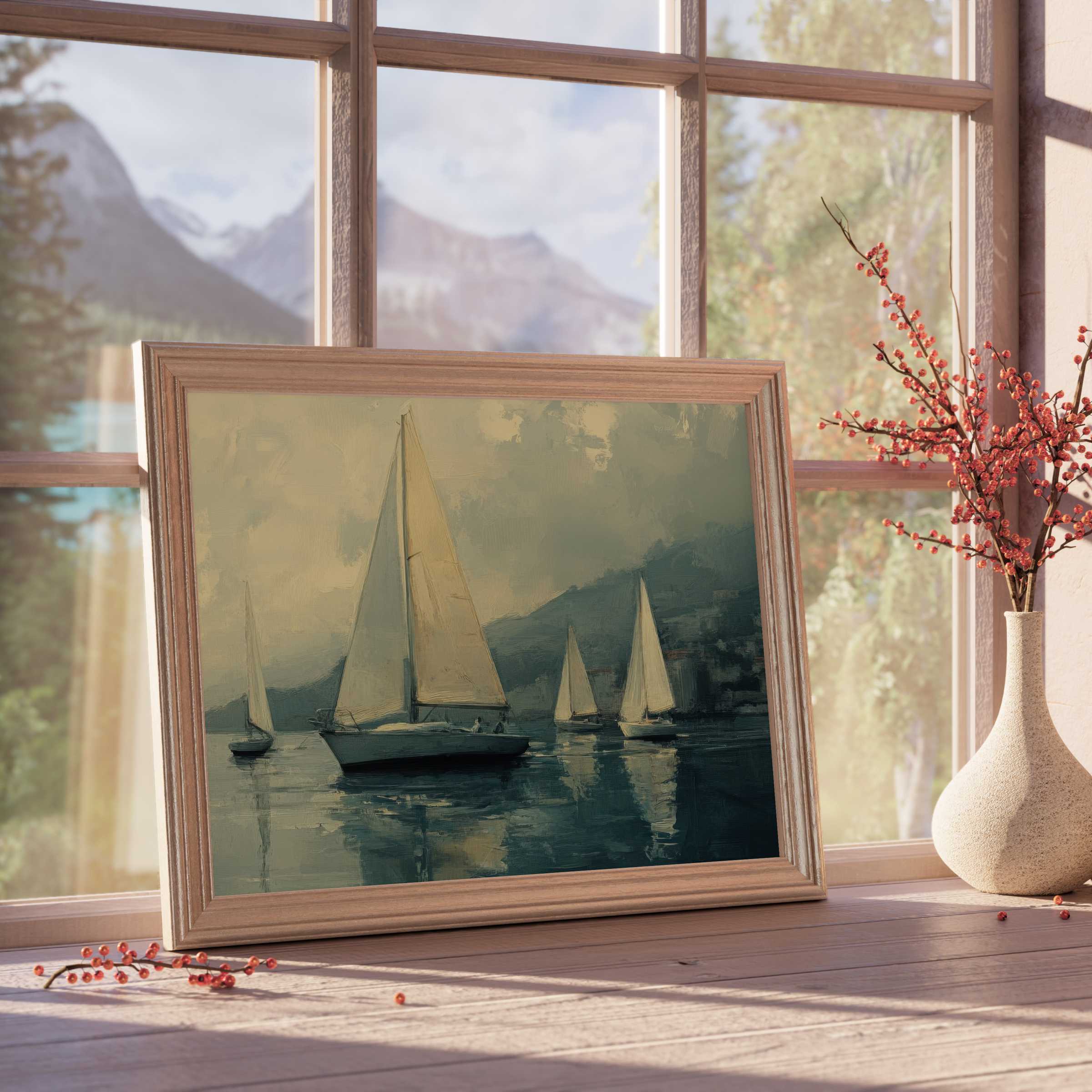 Serene beach downloadable art capturing elegant sailboats at dusk, enriching curated interiors with tranquil coastal charm and refined style