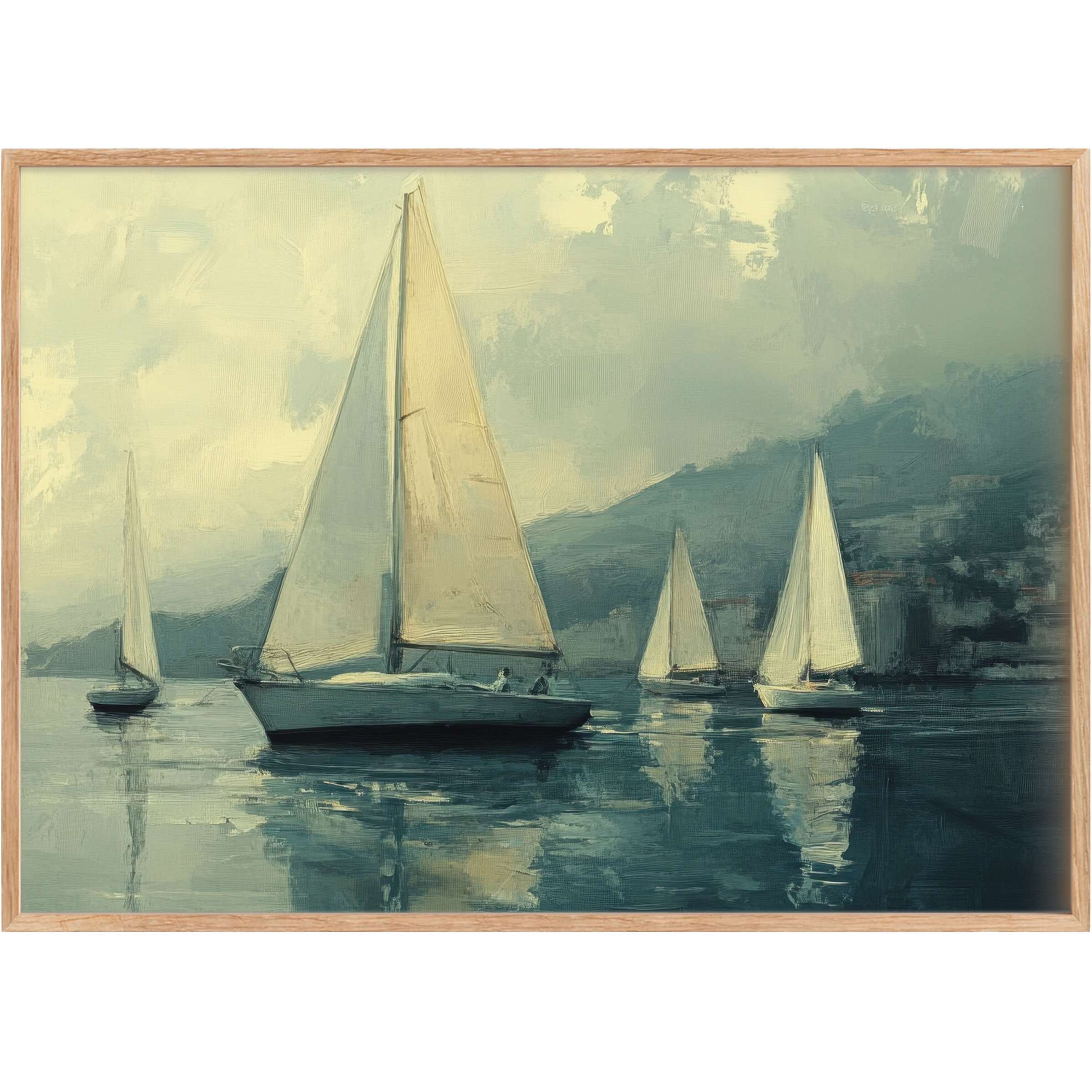 Serene beach printable wall art featuring sailboats in muted blues and soft creams, evoking a calming, elegant coastal retreat