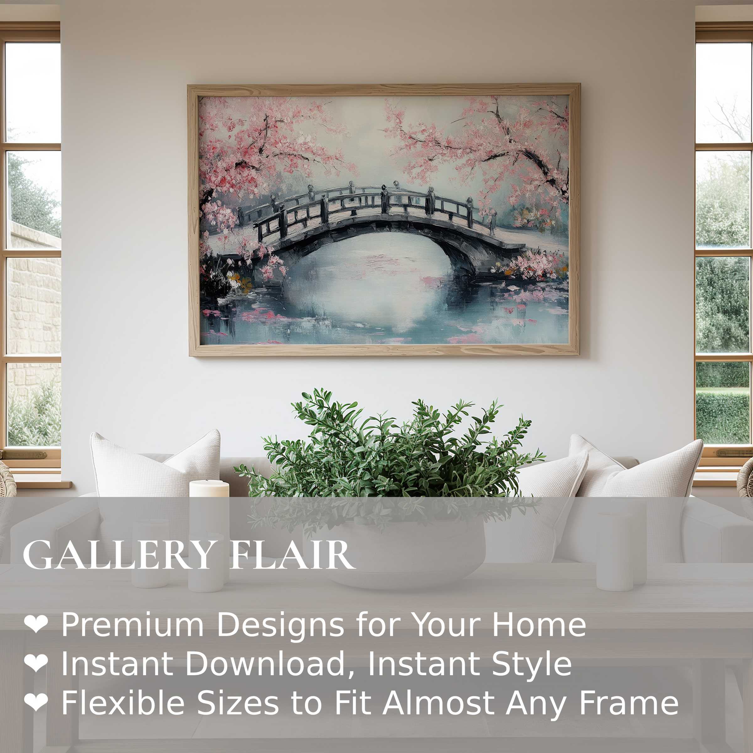 Elegant tree wall art print featuring a serene cherry blossom bridge scene, adding soft, calming charm to modern minimalist interiors