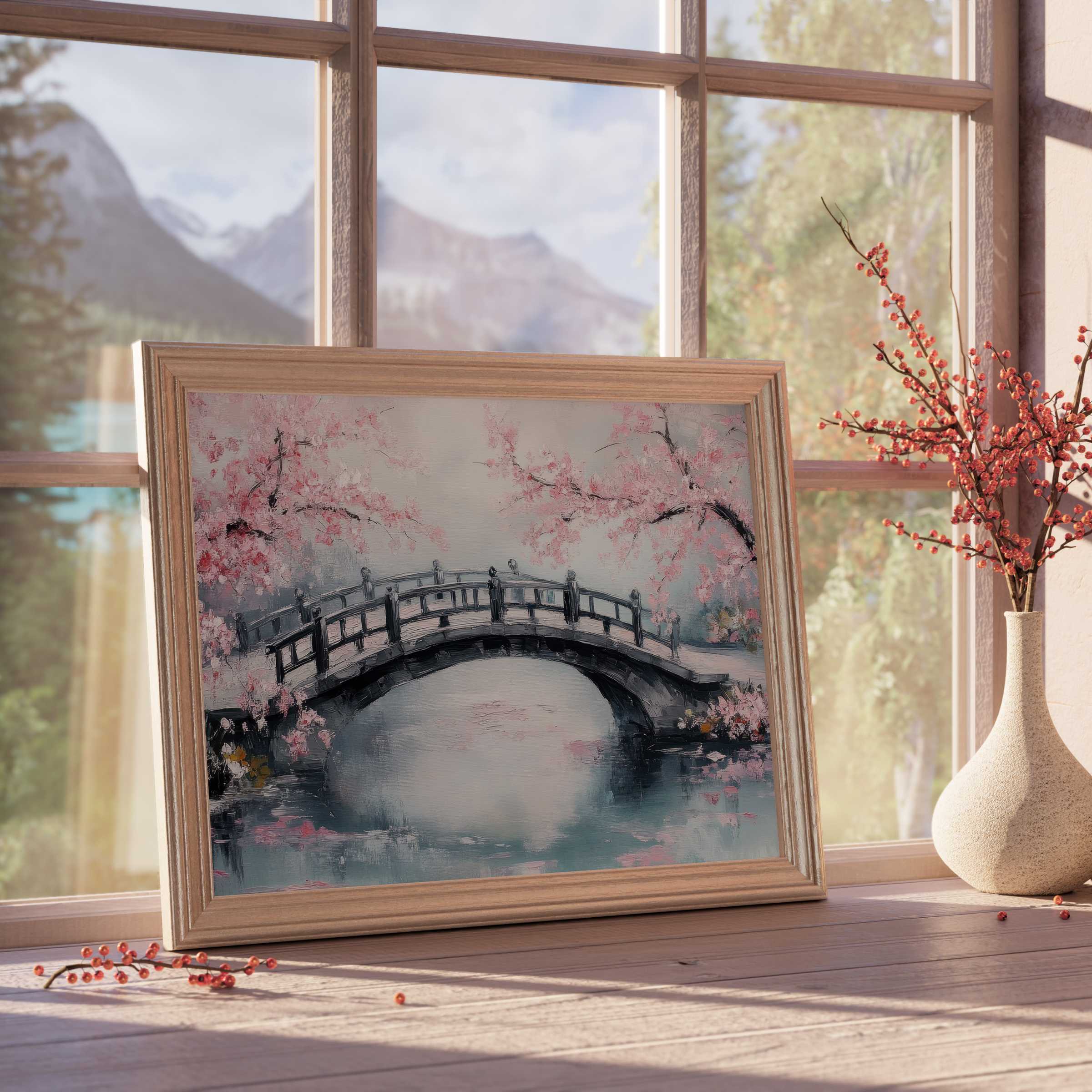 Elegant tree downloadable art featuring a serene arched bridge amid blossoming pink cherry trees, enriching tranquil, design-forward interiors with soft, calming hues and natural harmony