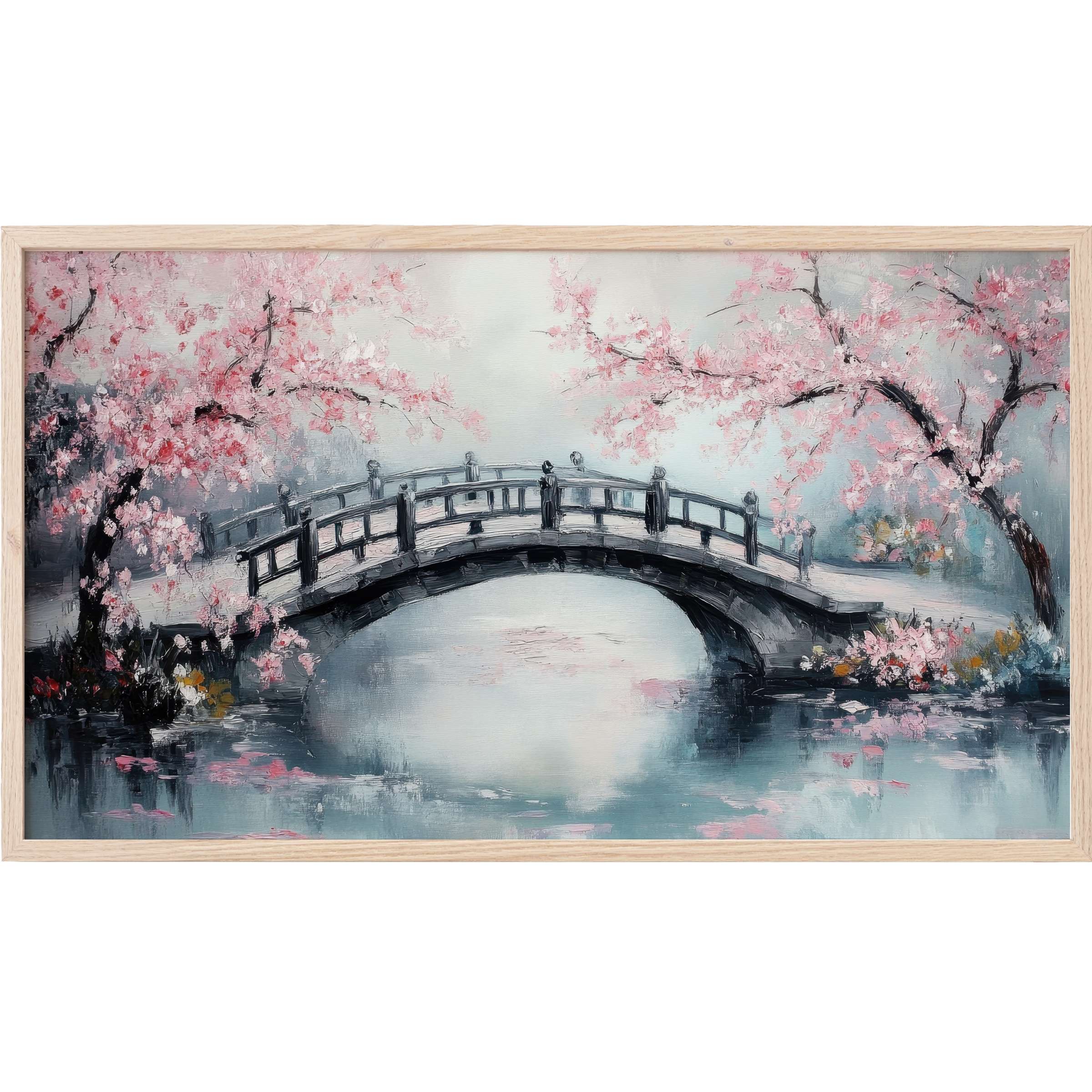 Serene gray bridge and soft pink blossoms in an impressionist style, perfect tree Frame TV Art for refined spaces.