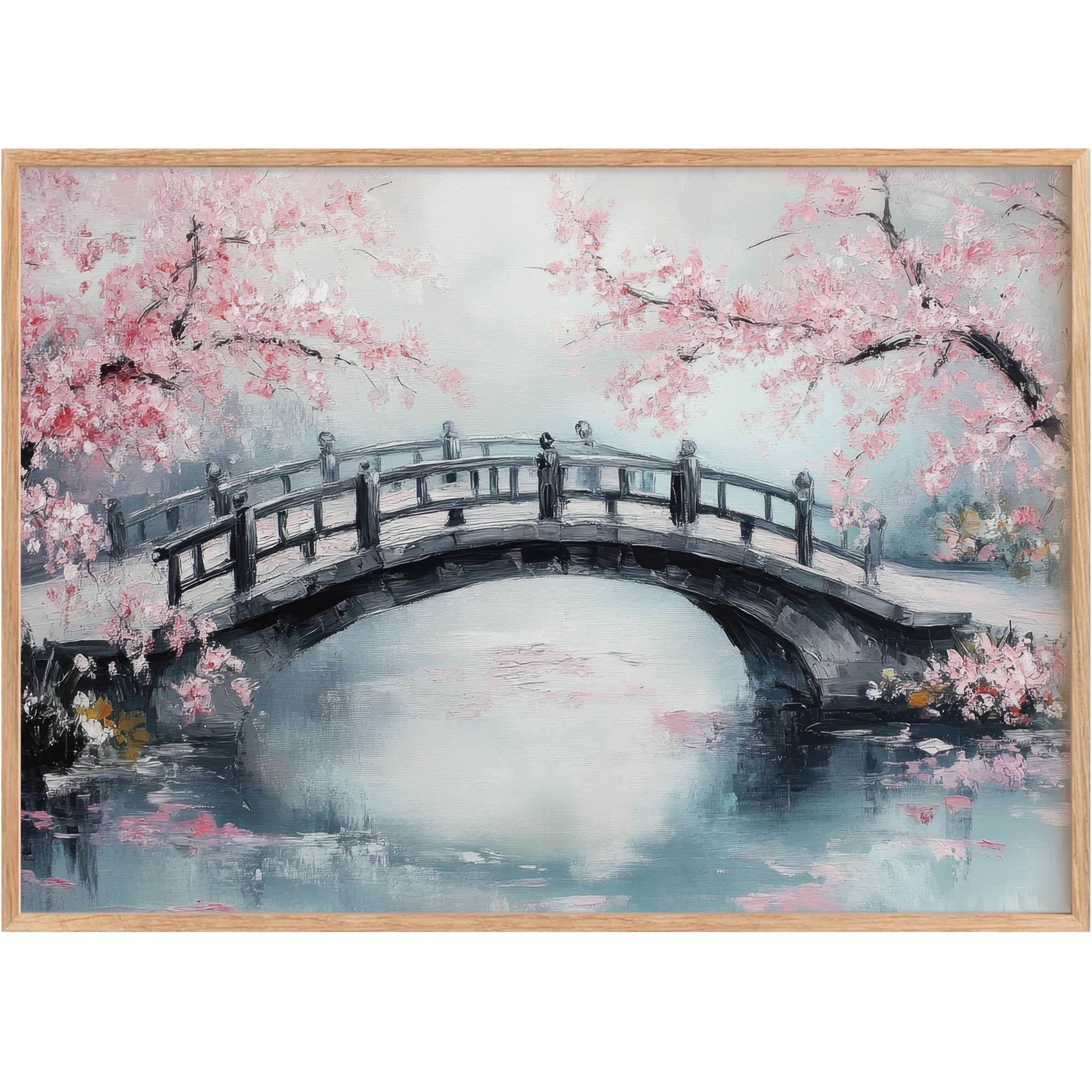 Serene tree printable wall art featuring a graceful bridge framed by soft pink blossoms, evoking tranquil elegance