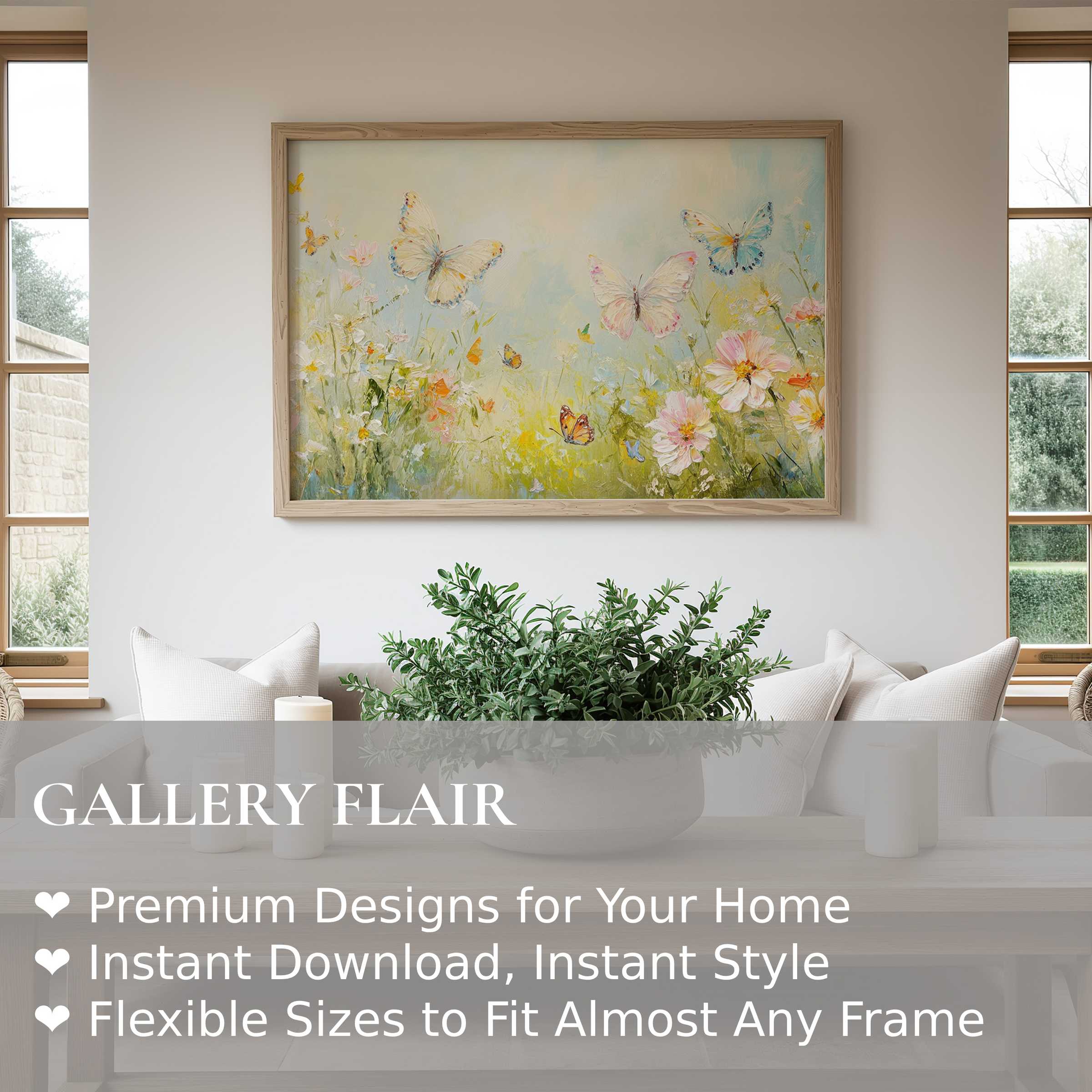 Nursery wall art print with soft pastel butterflies and blooming wildflowers, enriching modern minimalist nursery décor