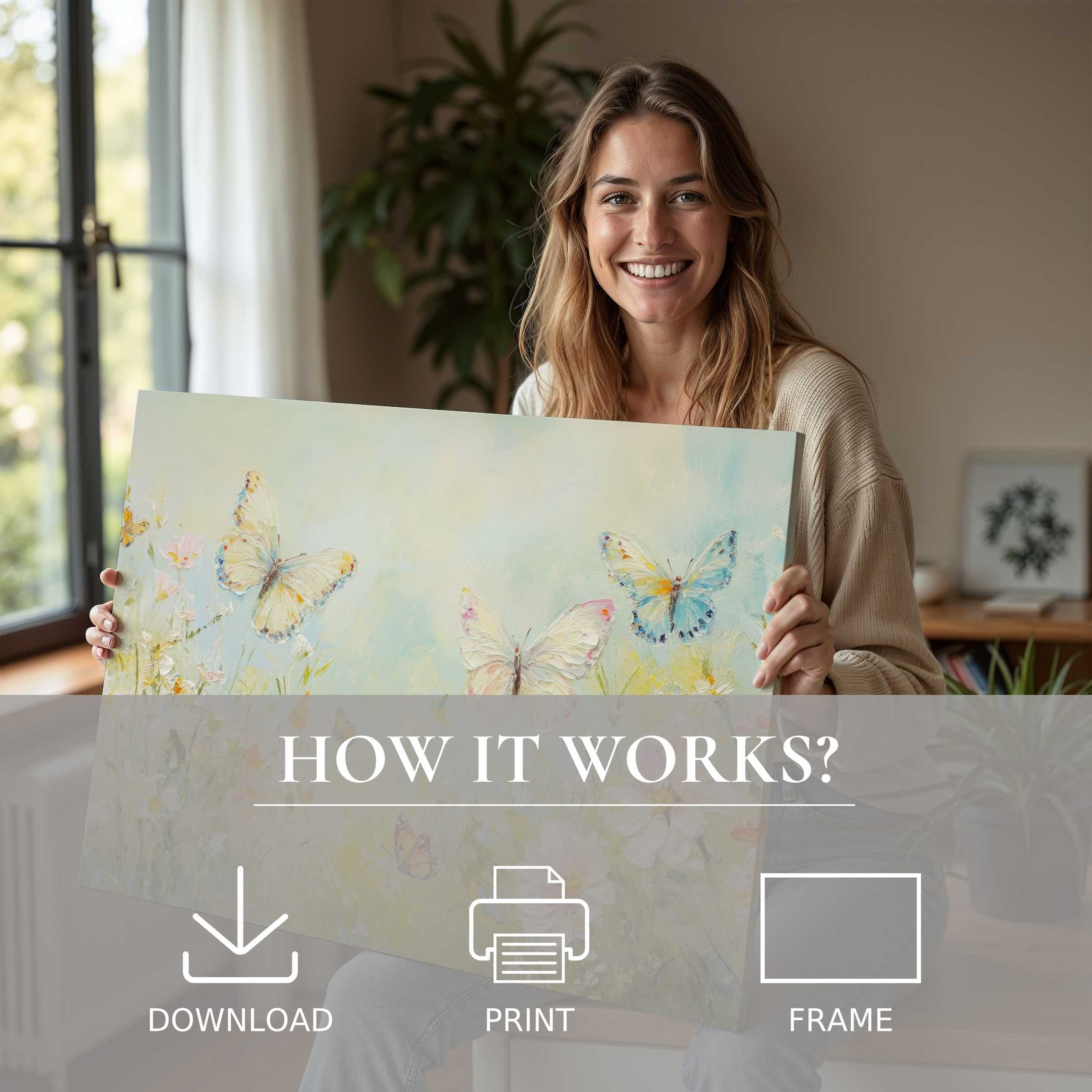 A serene moment of joy embracing nursery digital art print, bringing delicate butterfly tones to stylish modern living