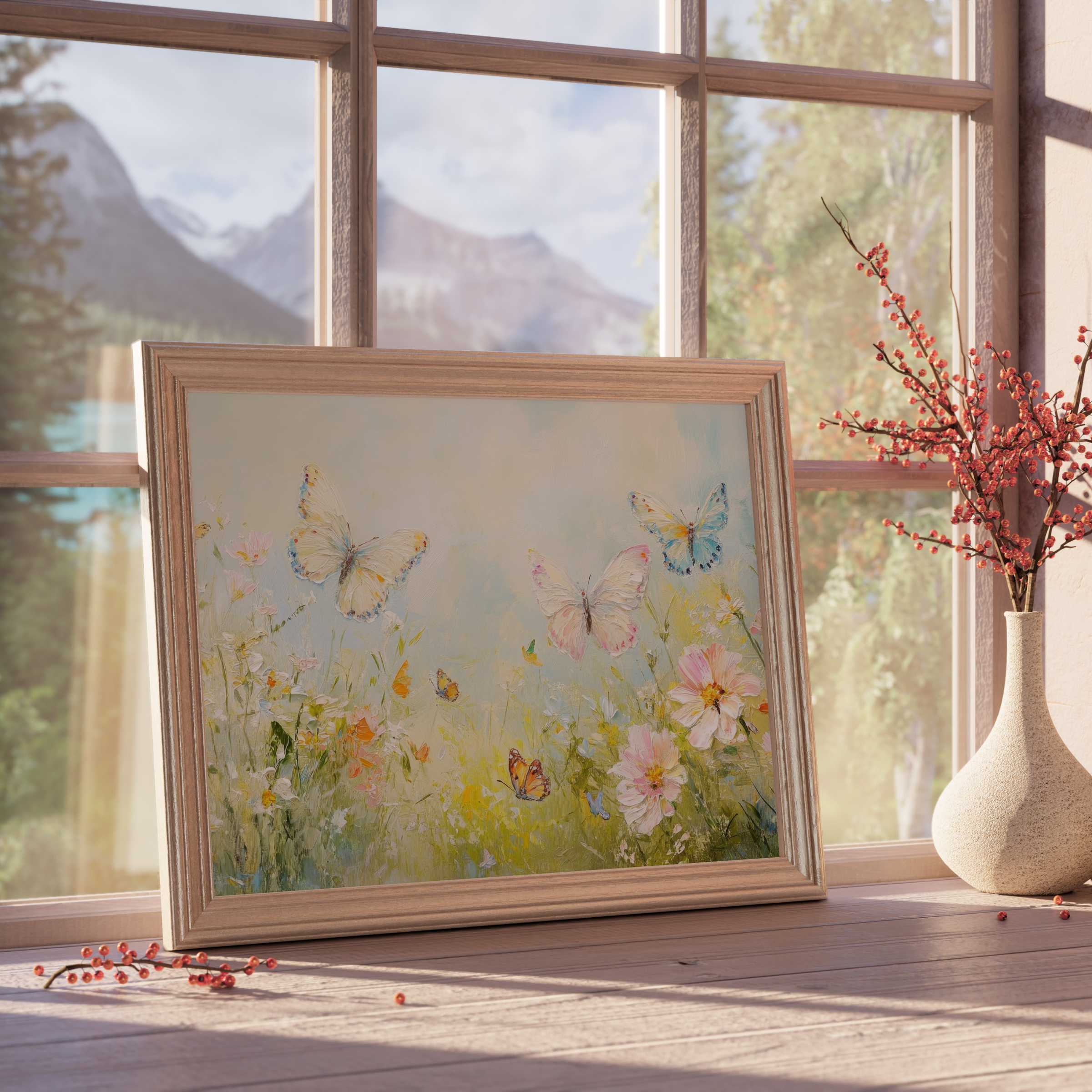 Nursery downloadable art with delicate butterflies and soft pastels, elevating serene, curated spaces with a tranquil botanical charm