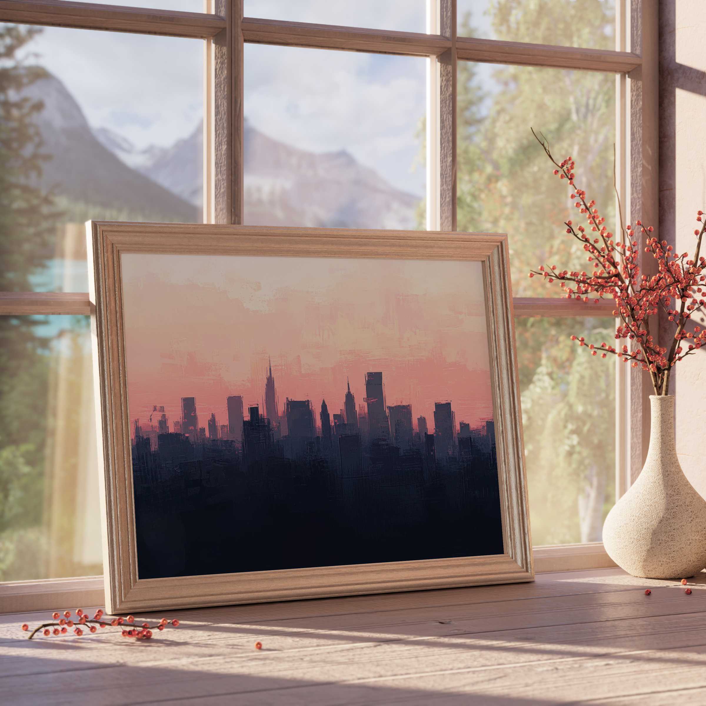 Urban downloadable art capturing a serene city skyline at dusk, enriching sophisticated interiors with warm, tranquil hues