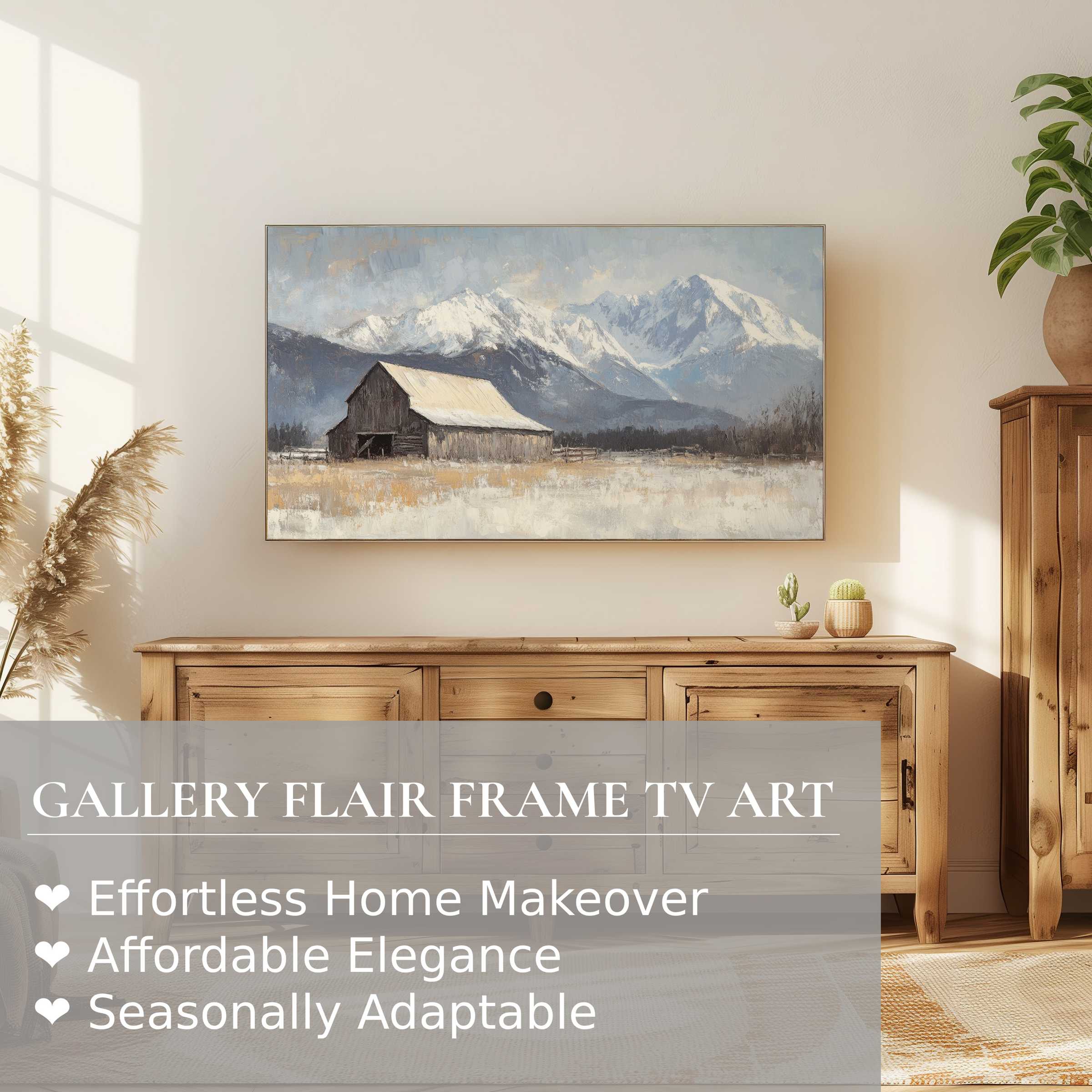 Samsung Frame TV displaying serene farmhouse digital artwork above rustic wood console in sunlit modern decor