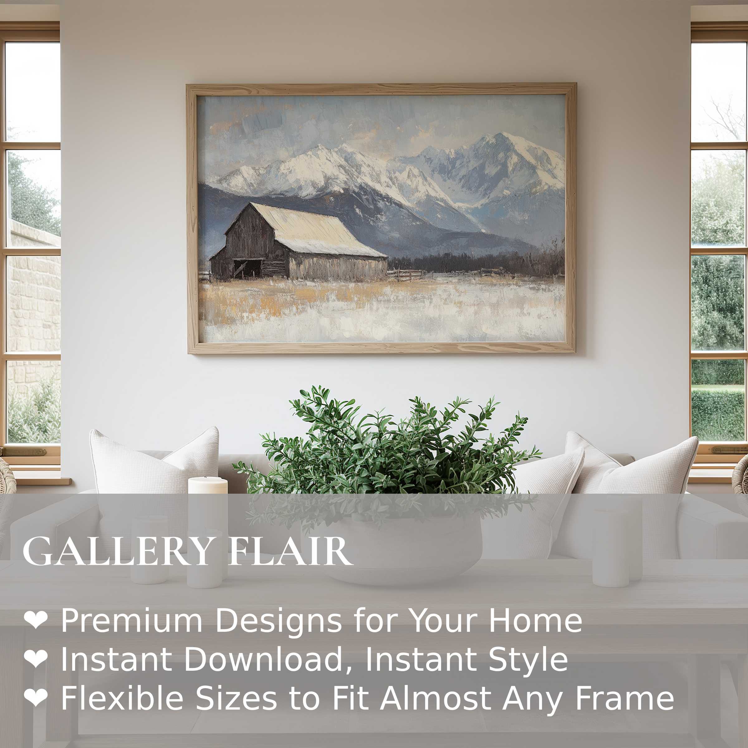 Farmhouse wall art print with serene rustic barn and snow-capped mountains, enhancing modern farmhouse and cozy living spaces