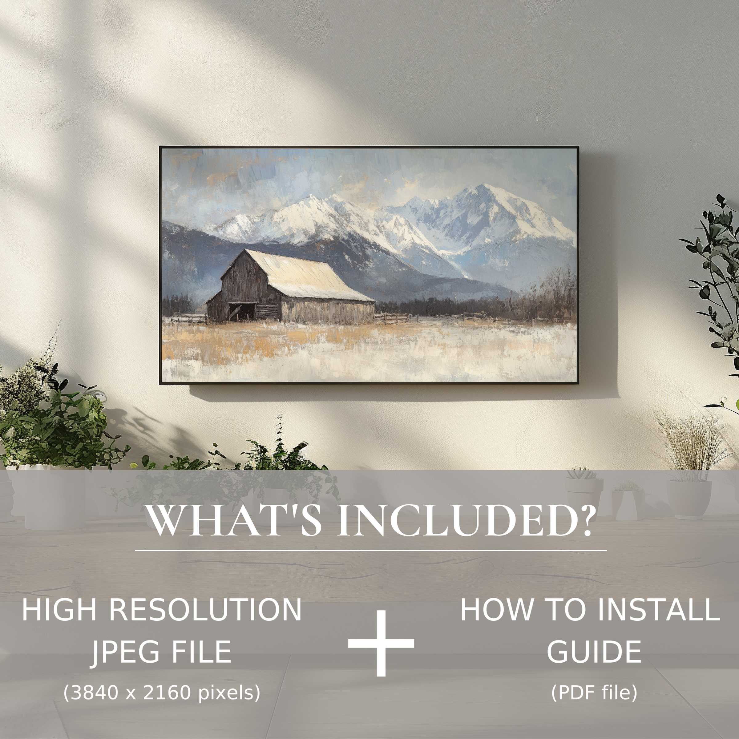 Elegant farmhouse digital TV art download, easy use enhances modern living space with serene mountain barn scene