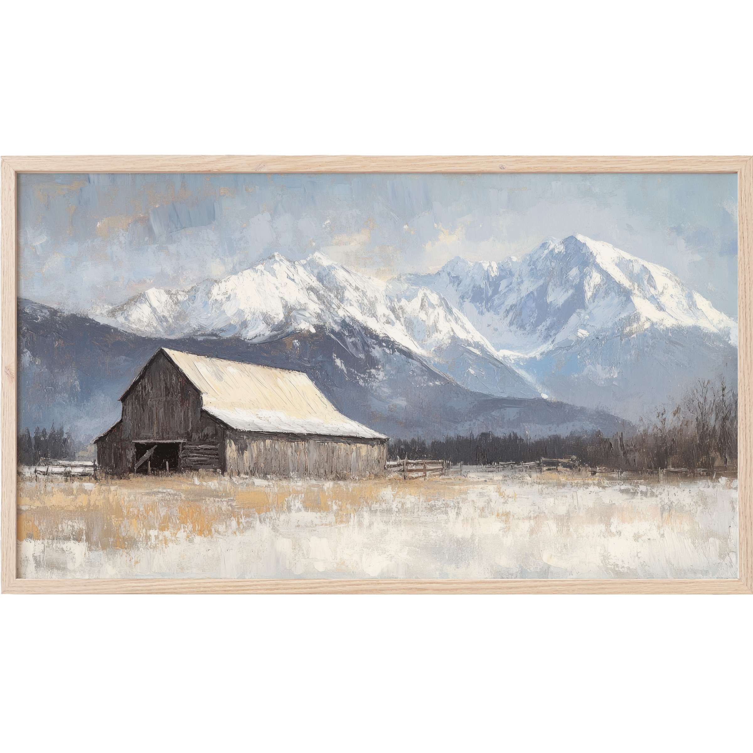 Farmhouse Frame TV Art featuring a rustic barn with snowy mountains in muted blues and warm neutrals