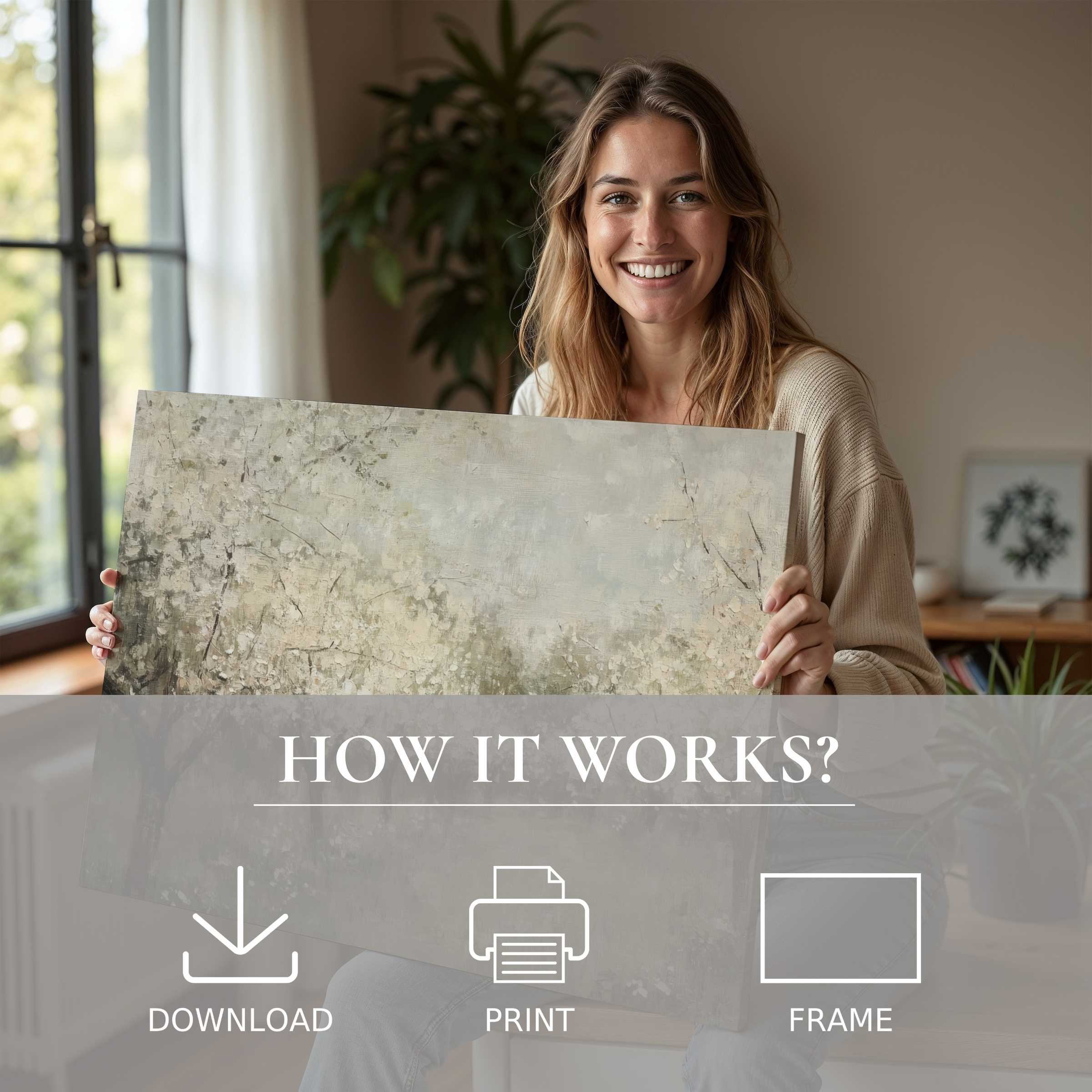 Serene moment with vintage digital art print, blending soft textures and muted tones in a chic modern home