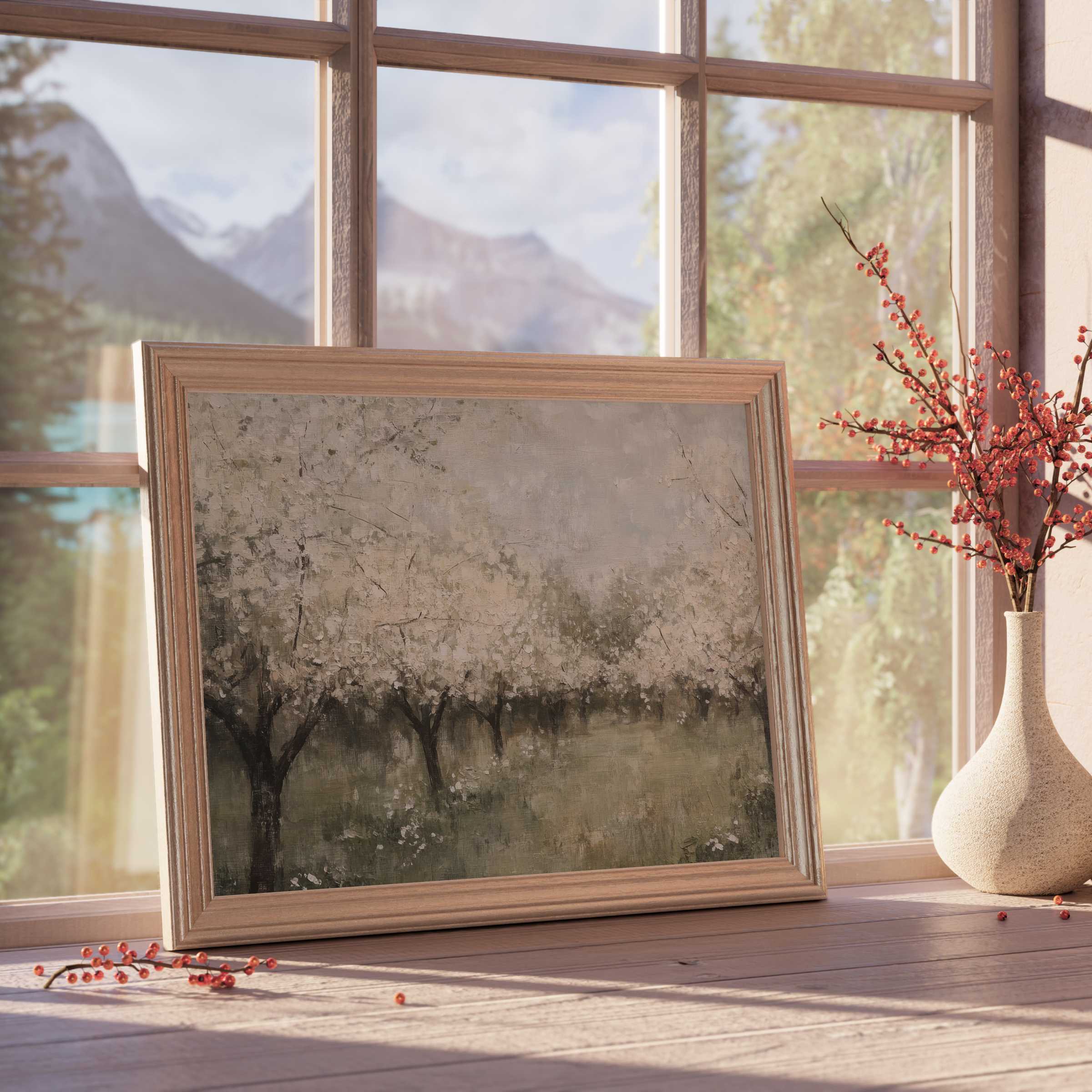 Vintage downloadable art capturing serene blooming orchards in muted tones, perfect for elevating calm, curated interiors with timeless elegance
