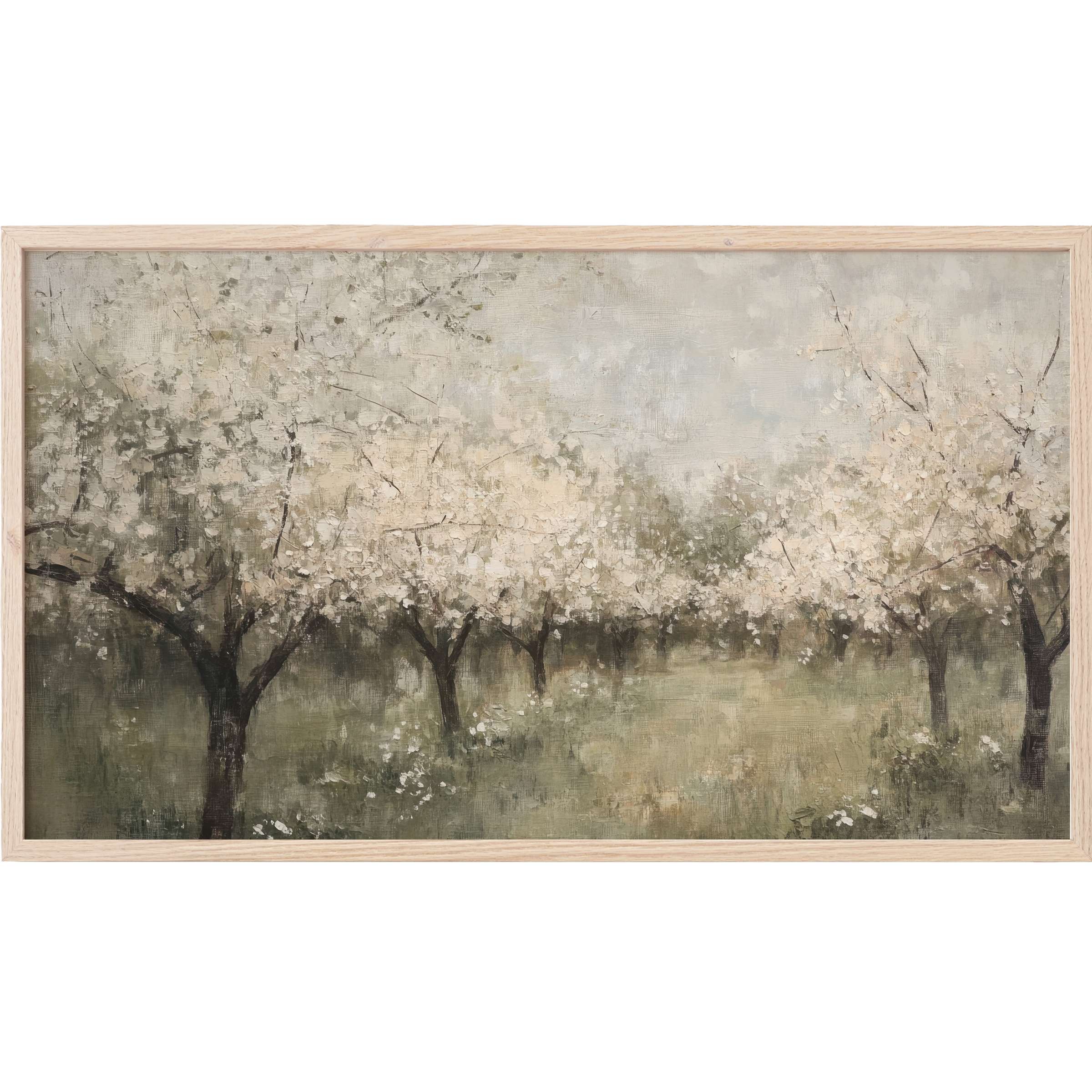 Softly textured orchard scene in muted greens and creams, framed gracefully for refined vintage Frame TV Art decor