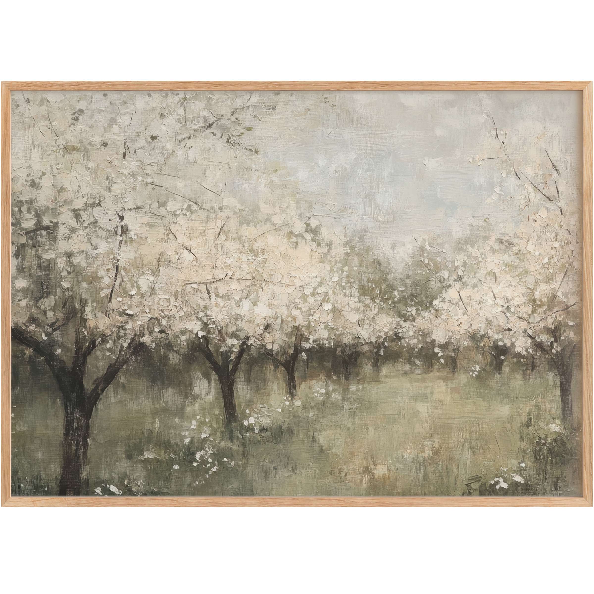 Vintage printable wall art capturing serene blossoming trees in soft whites and muted greens, evoking a tranquil, timeless elegance