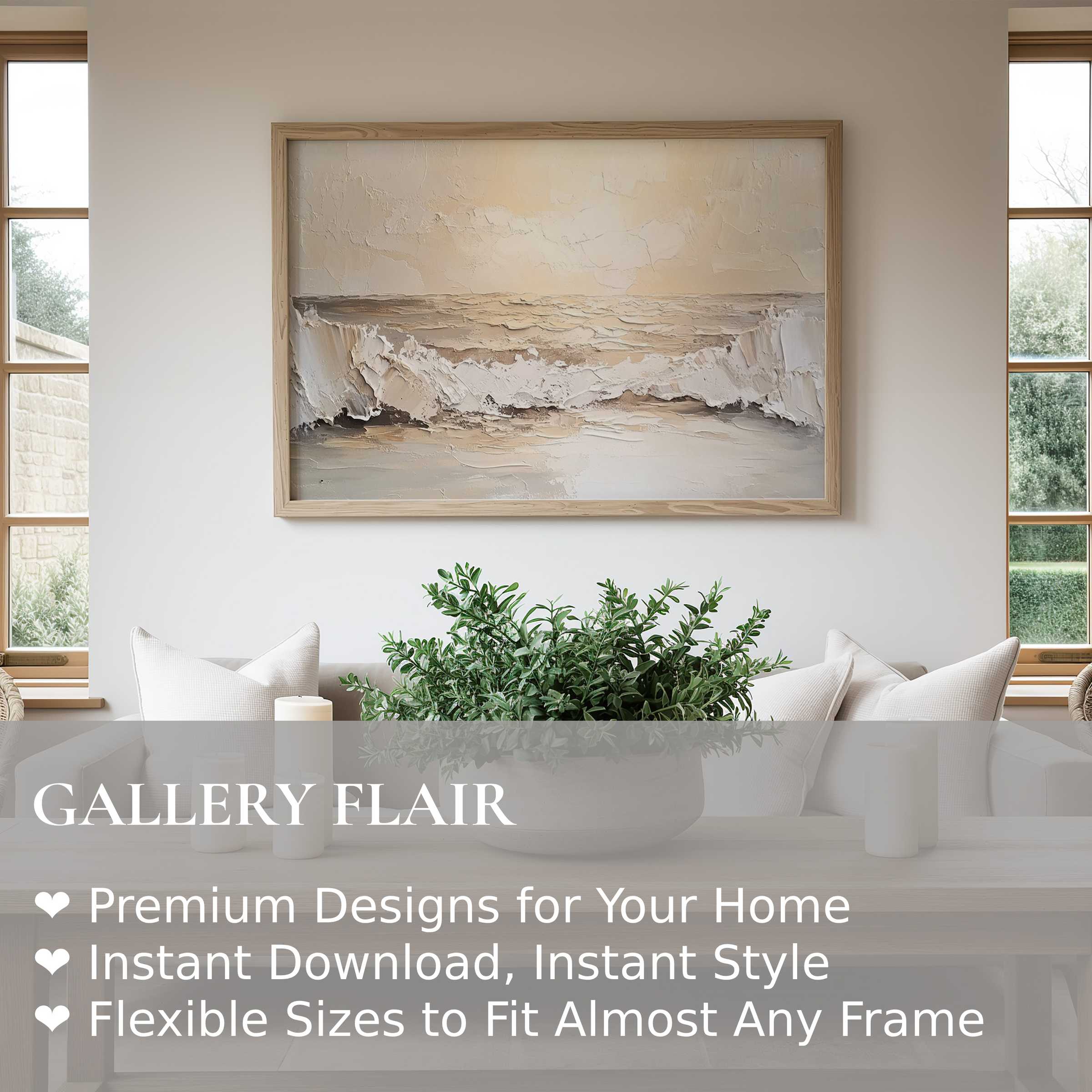 Summer wall art print evoking serene coastal calm with textured neutral waves, enhancing modern minimalist interiors with refined elegance
