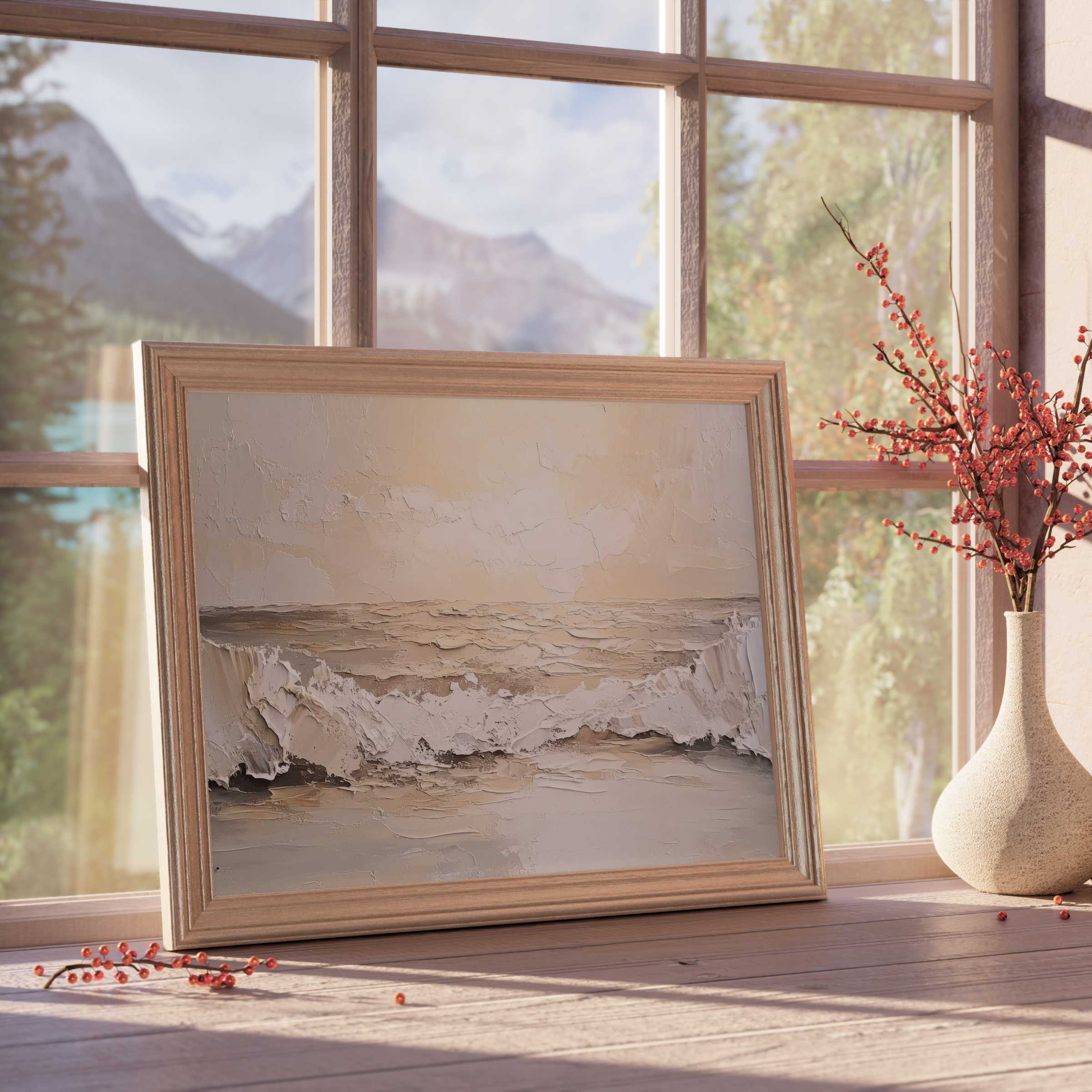 Summer downloadable art capturing serene coastal waves in soft earth tones, perfect for elevating elegant, tranquil interiors