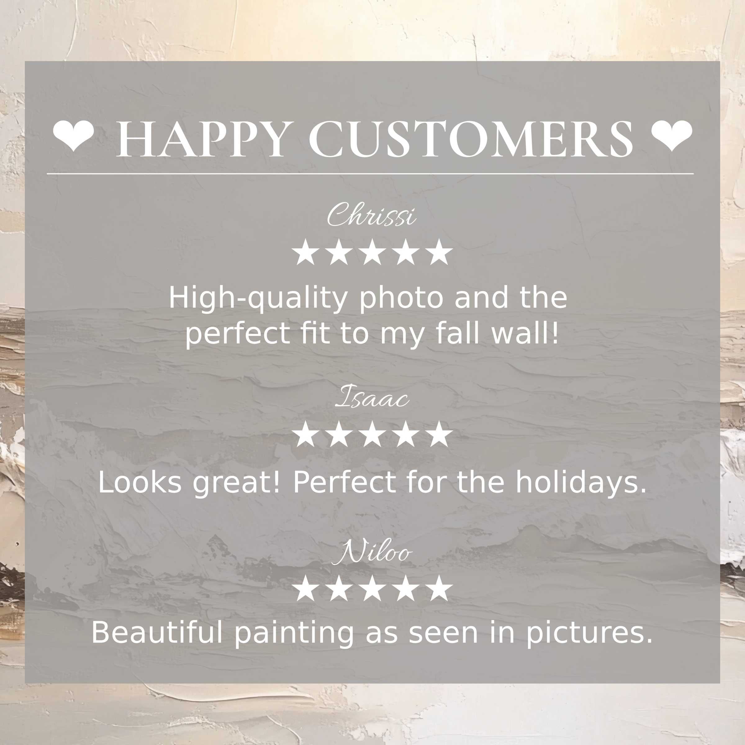Happy customer reviews on layered neutral texture background highlight trust in summer art for Frame TV