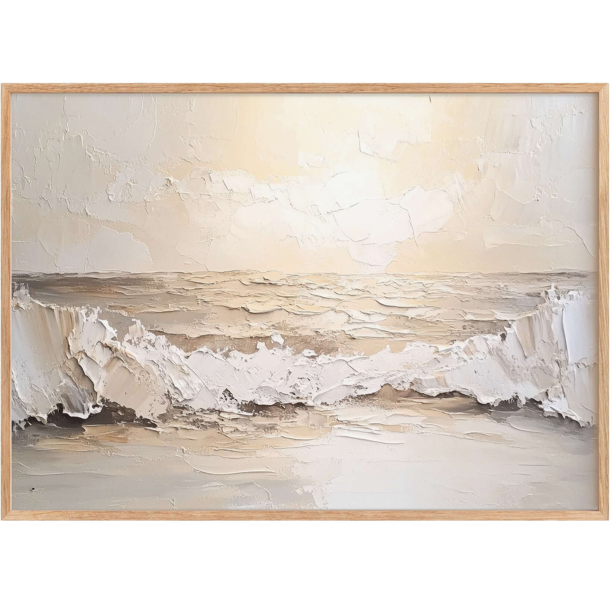 Summer printable wall art capturing serene ocean waves in soft cream and beige tones, evoking a radiant, tranquil coastal ambiance