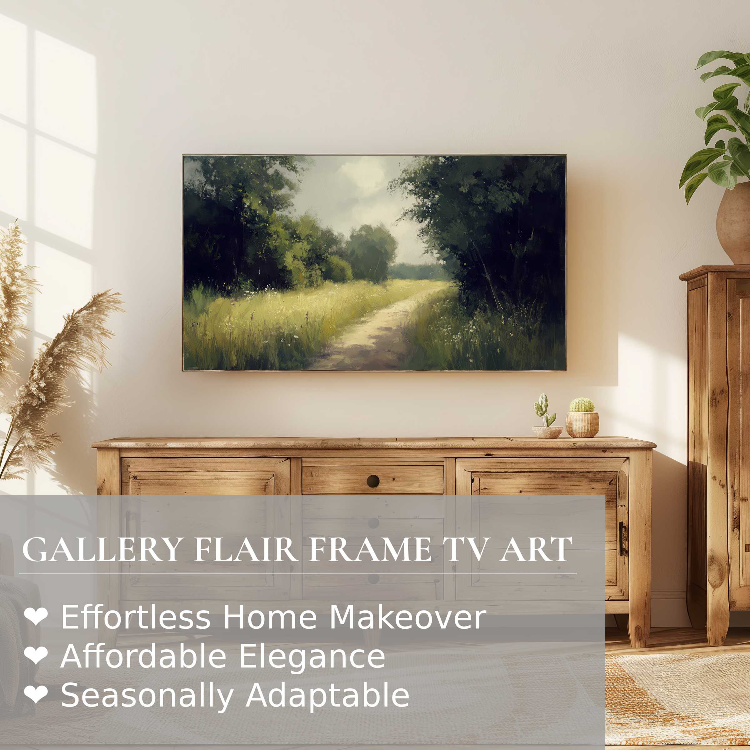 Samsung Frame TV displaying a refined landscape digital artwork, enhancing modern, elegant home décor ambiance