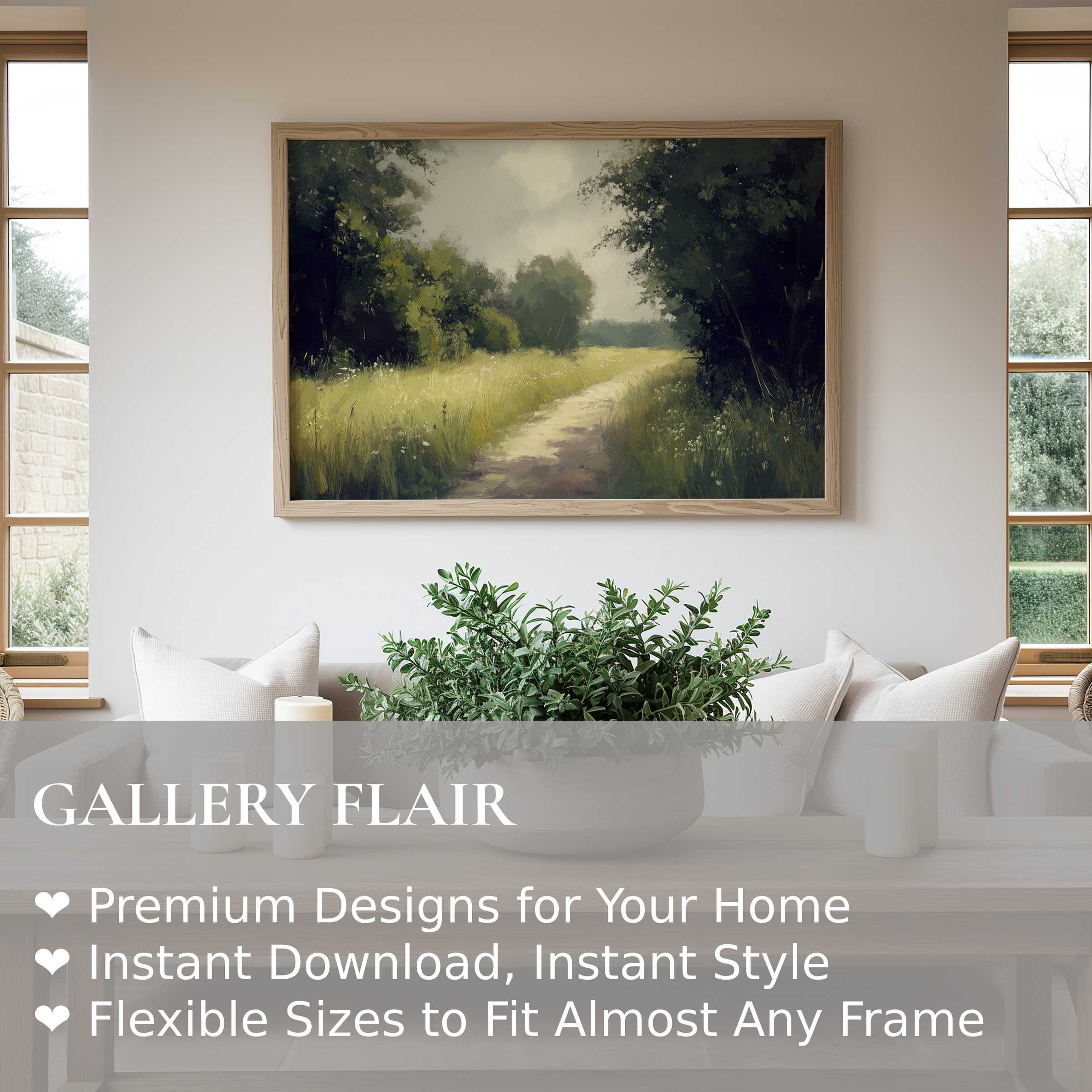 Serene landscape wall art print capturing a soft, calming country path, elevating modern minimalist interiors with nature’s tranquility and elegance