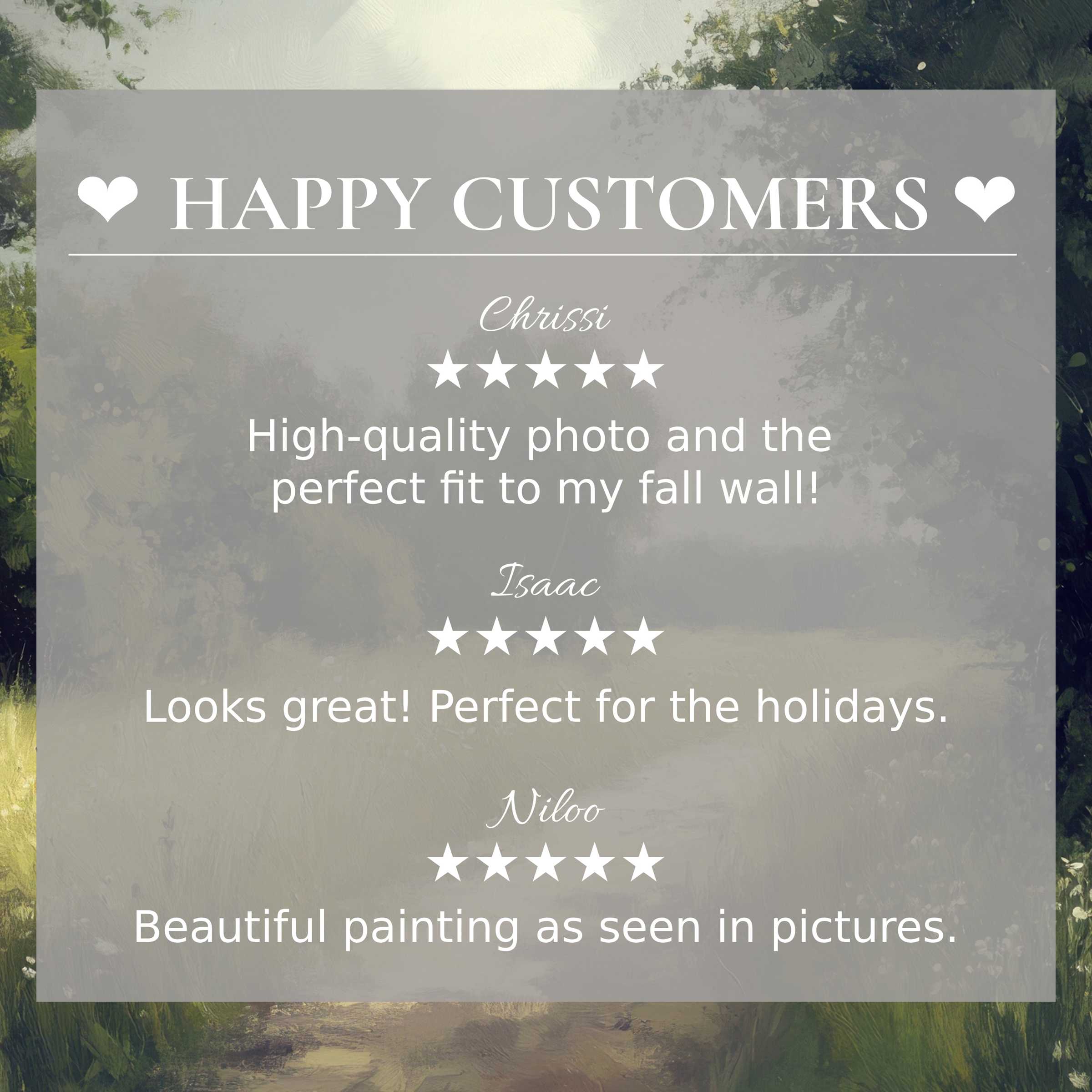 Landscape art for Frame TV with serene nature tones, highlighting happy customer reviews for a refined, trusted aesthetic
