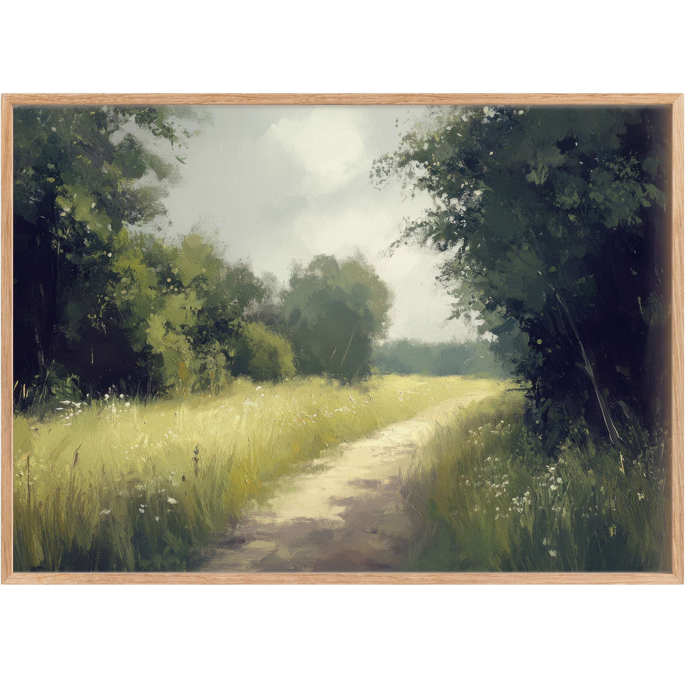 Serene landscape printable wall art with sunlit meadow and soft greens, evoking tranquil, timeless elegance for refined interiors