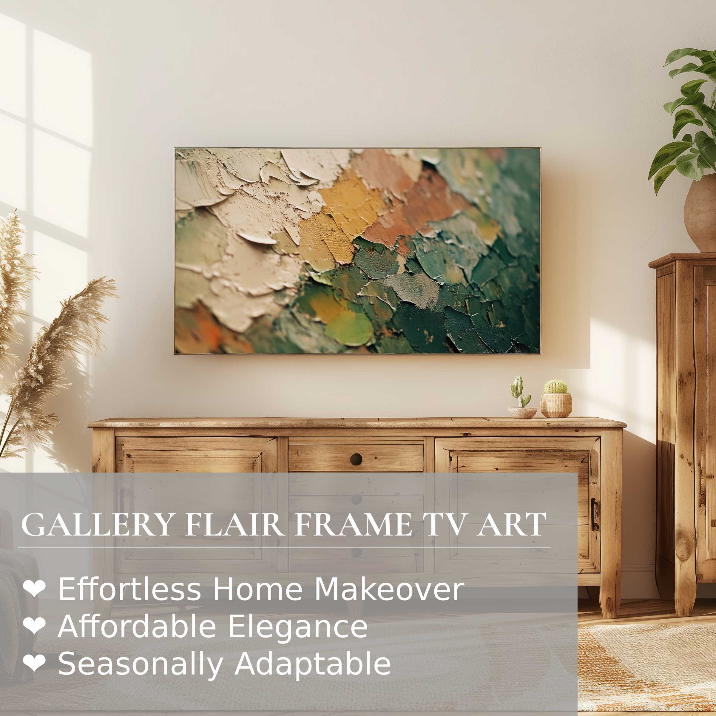 Samsung Frame TV showcases elegant abstract digital artwork in a warm, natural living space with refined modern decor
