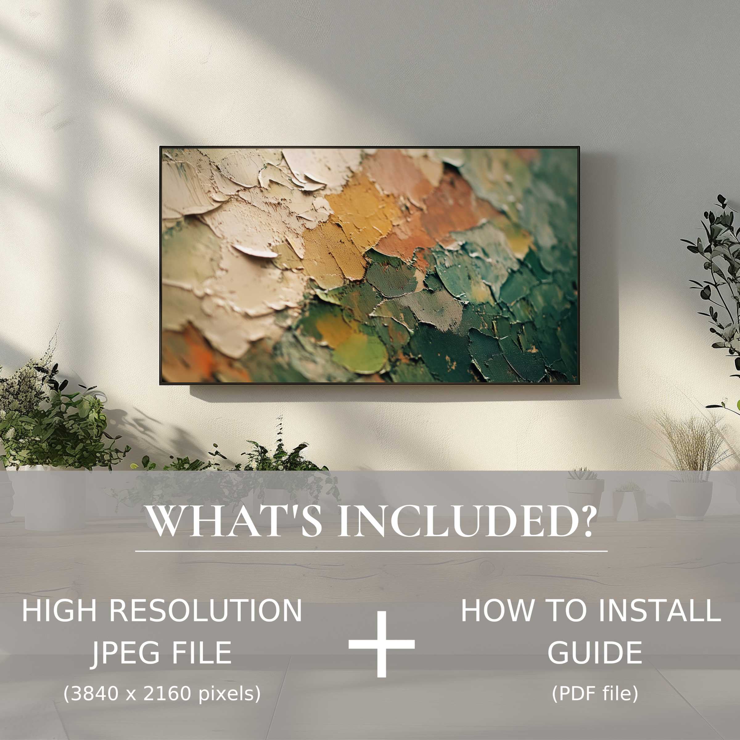 Elegant abstract digital TV art download enhances living spaces with easy digital use in a modern, stylish setting