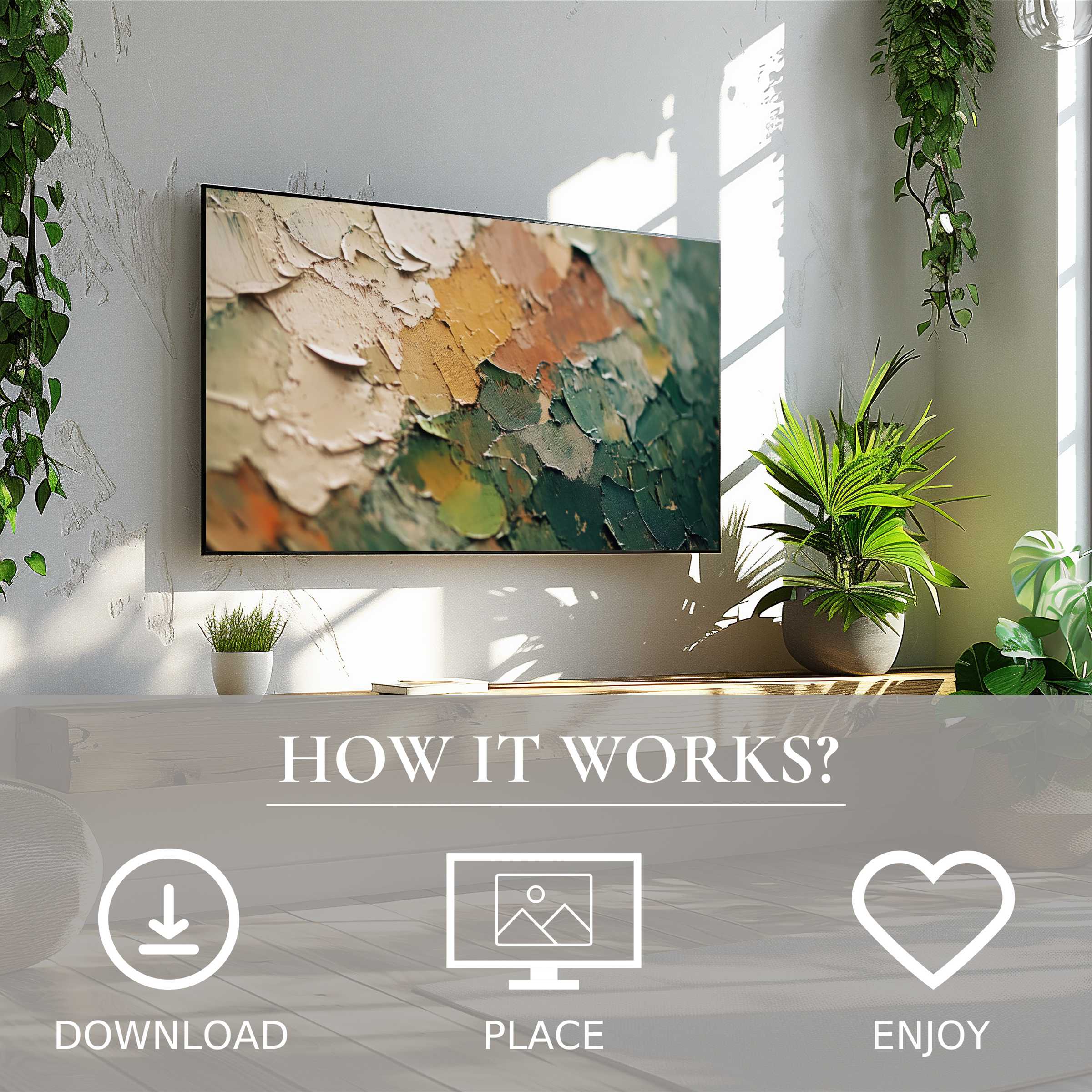 Abstract art for Samsung TV in natural light with earthy color flow, easy digital download enriches stylish living spaces