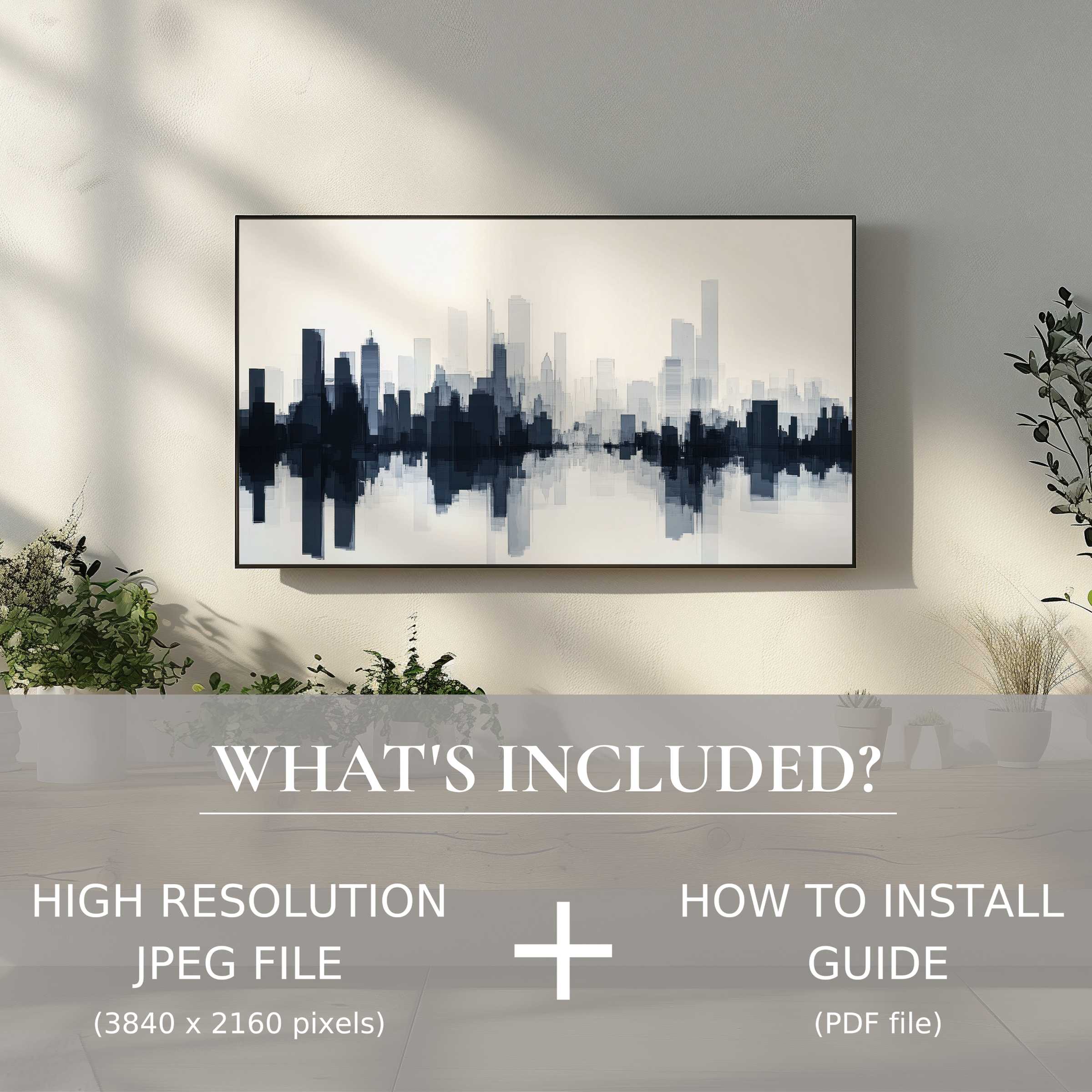 Elegant modern digital TV art download with easy use enhances living spaces with sleek, high-res cityscape décor