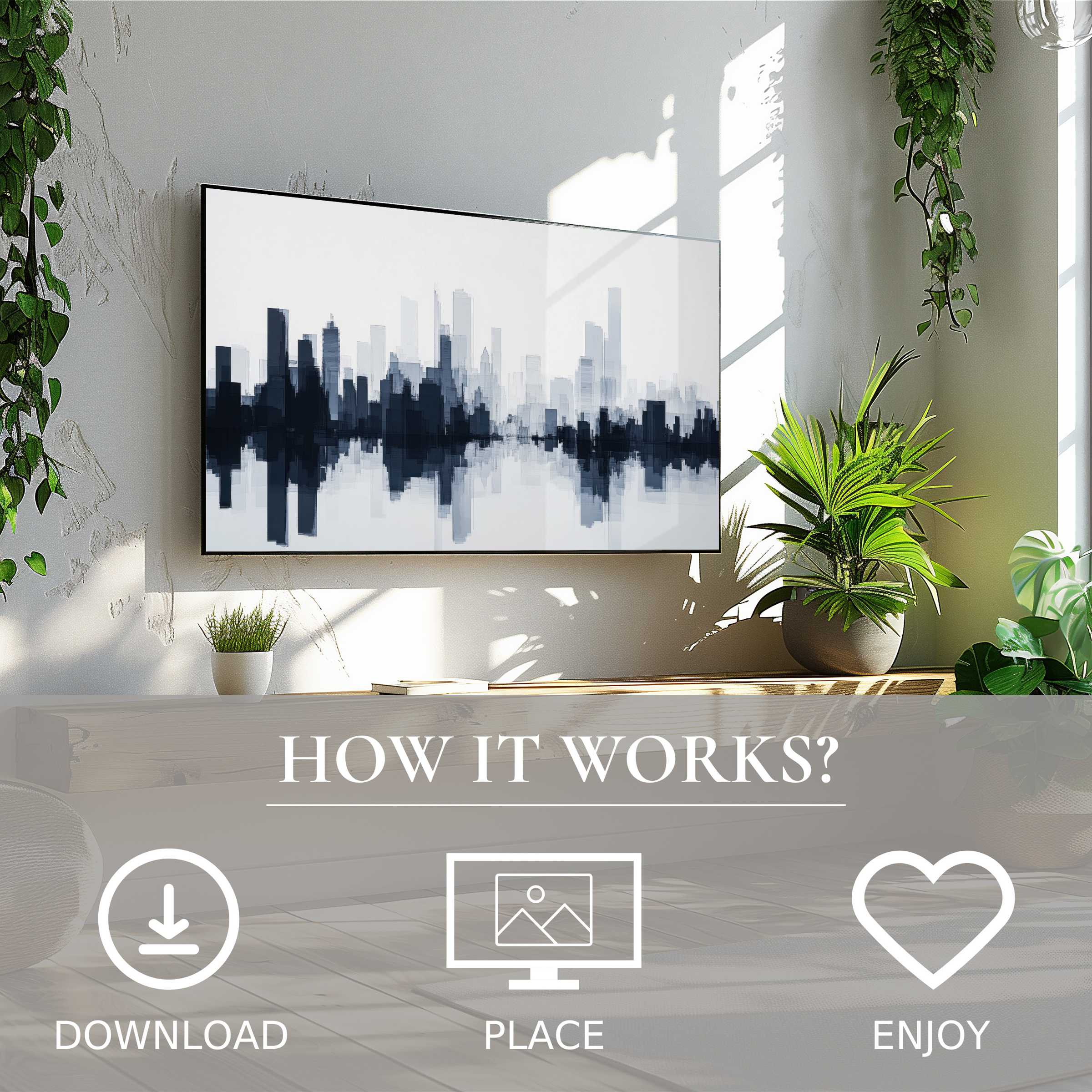 Modern art for Samsung TV shows misty city skyline in grayscale, easy digital download enriching bright, plant-filled living space