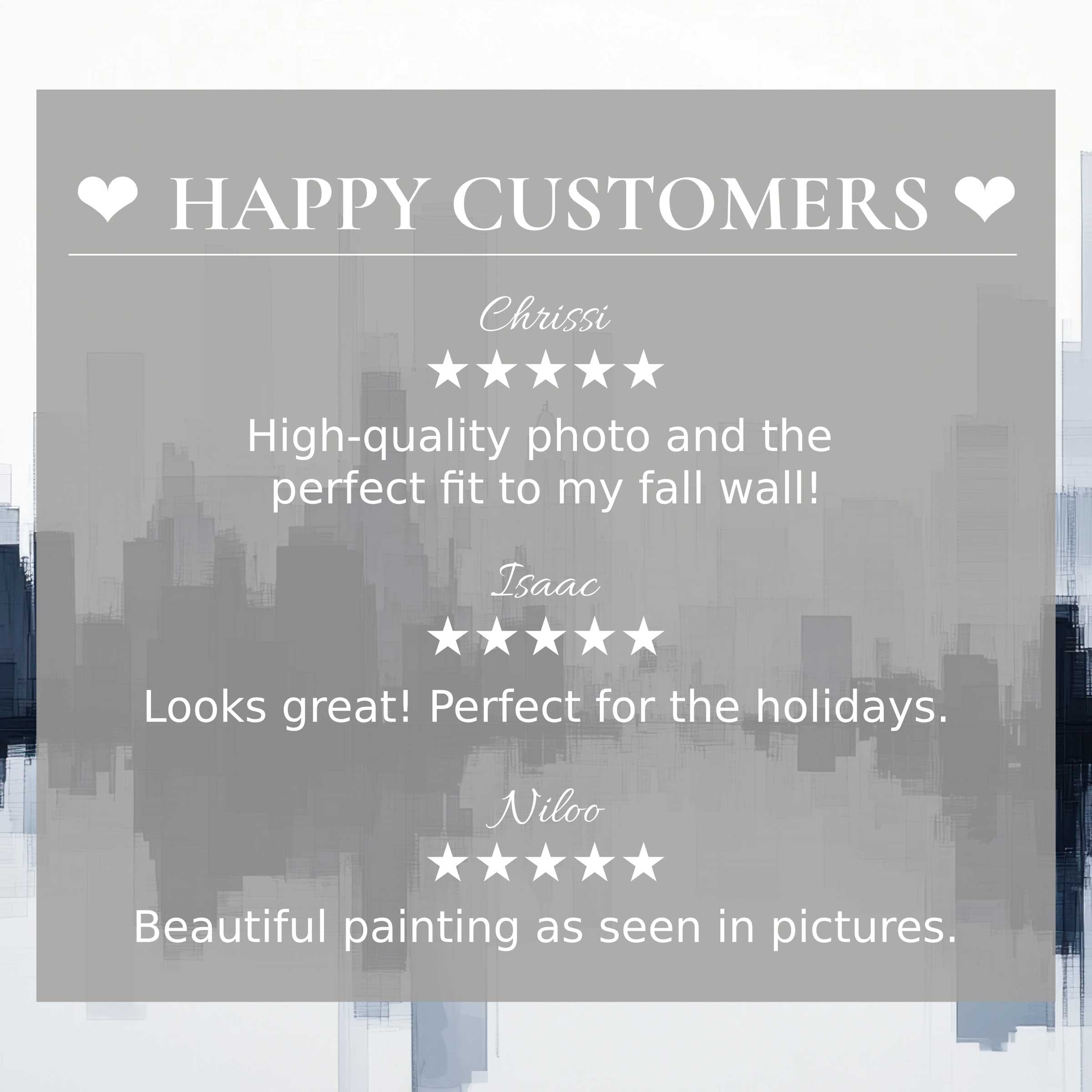 Modern art for Frame TV with abstract gray cityscape; layout builds trust highlighting happy customer reviews