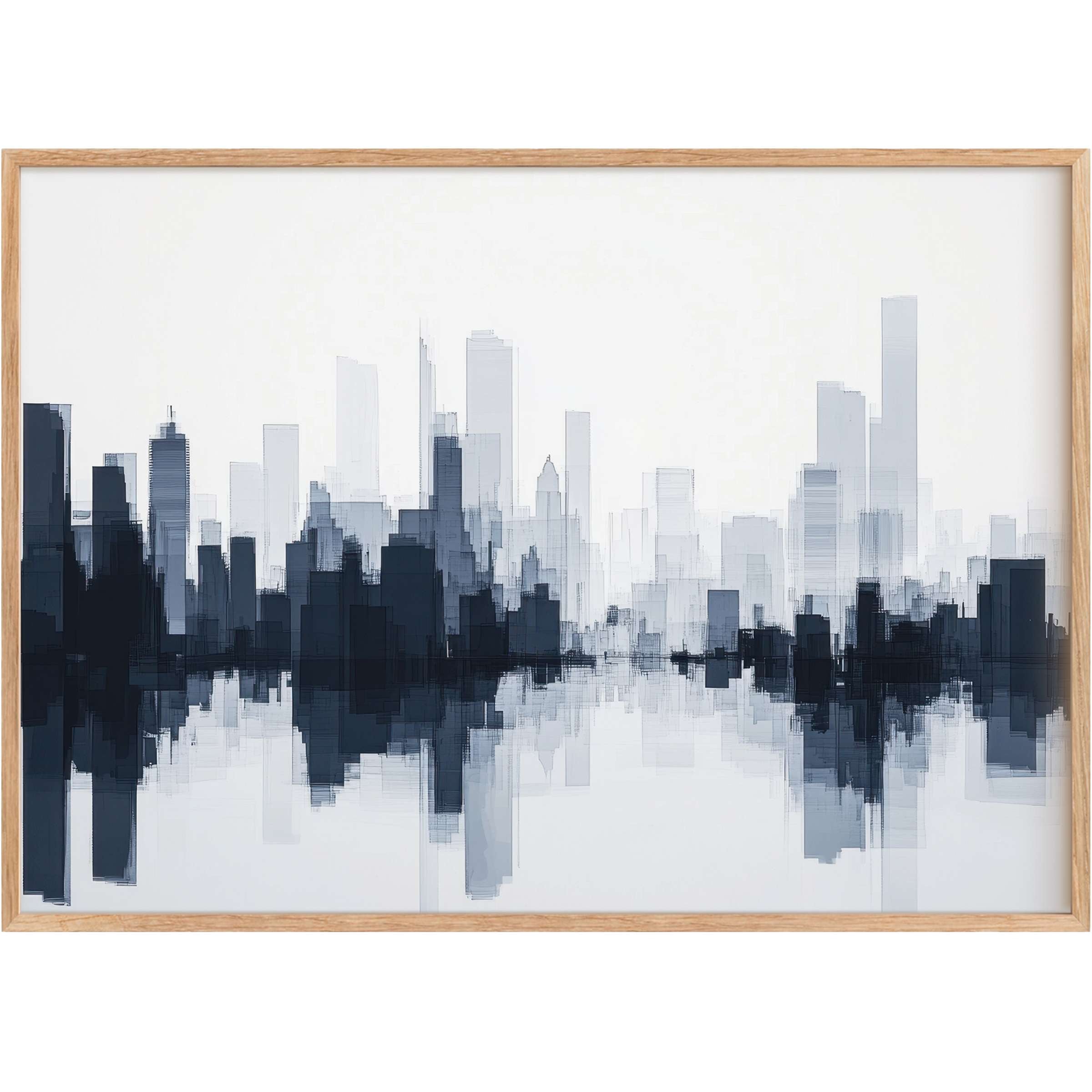 Modern printable wall art capturing a serene cityscape in layered blues and grays, evoking calm sophistication and urban elegance