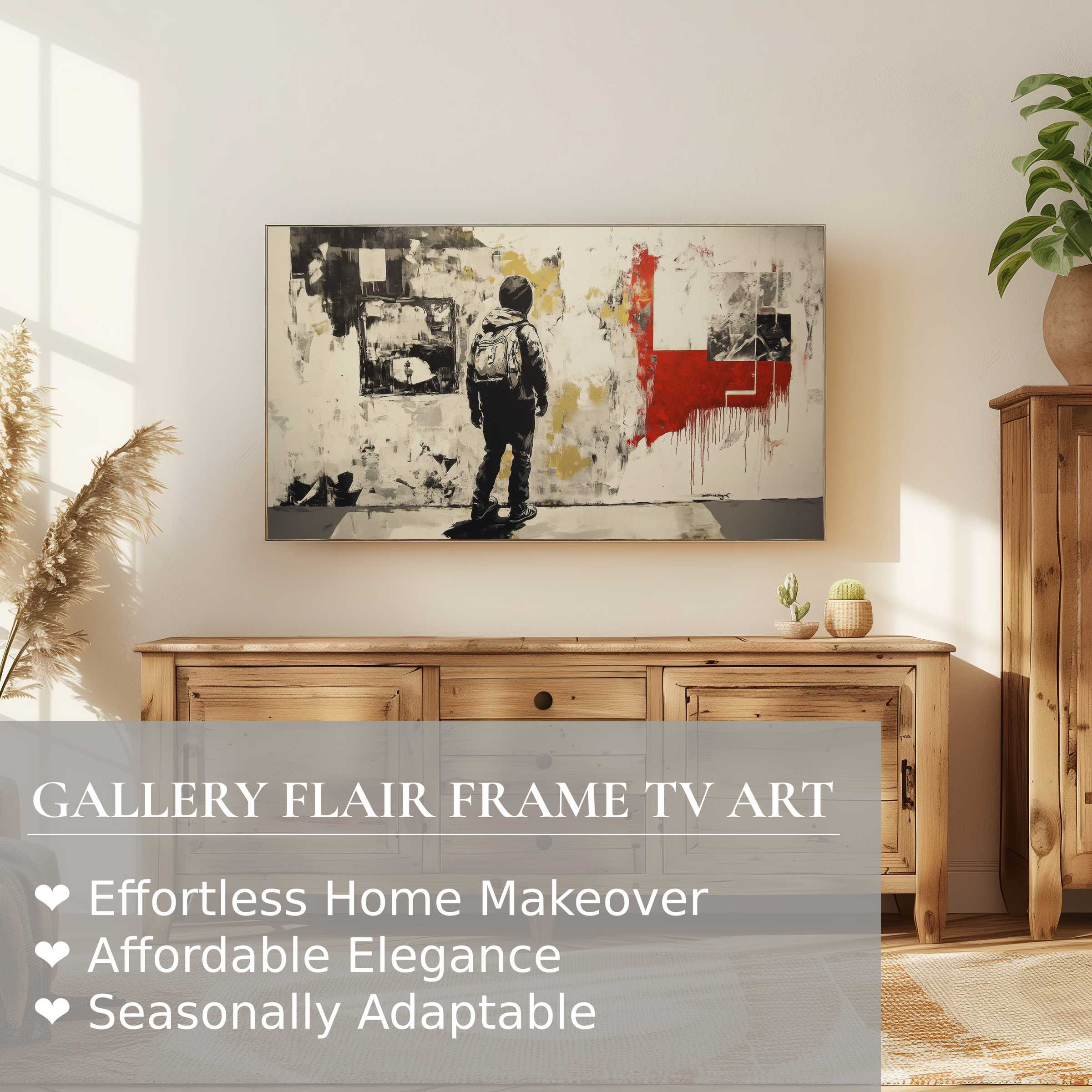 Contemporary living room with Samsung Frame TV showcasing street art digital artwork in a refined, modern wood setting