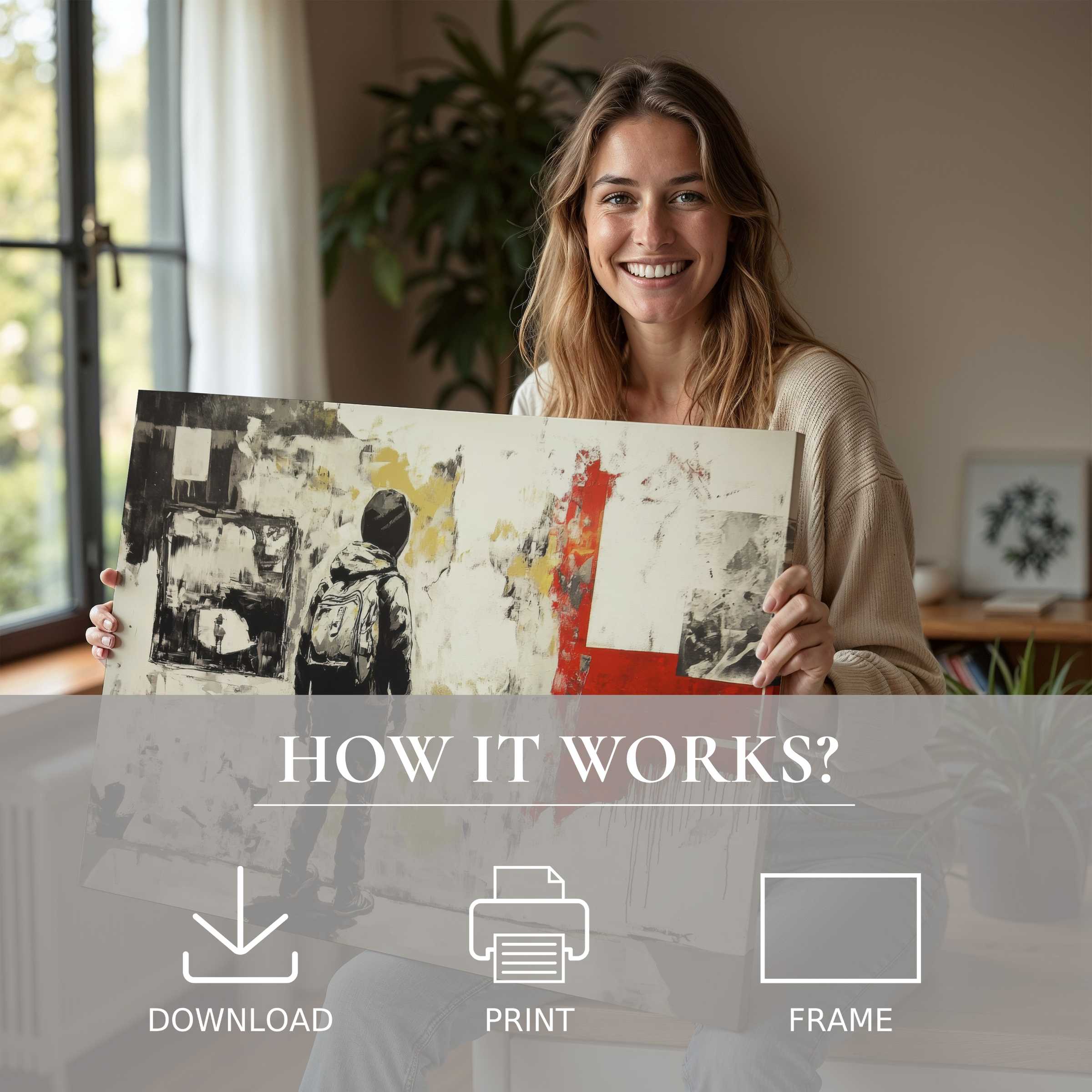 Joyful connection with street art digital art print in a modern home, embracing effortless elegance and artistic inspiration