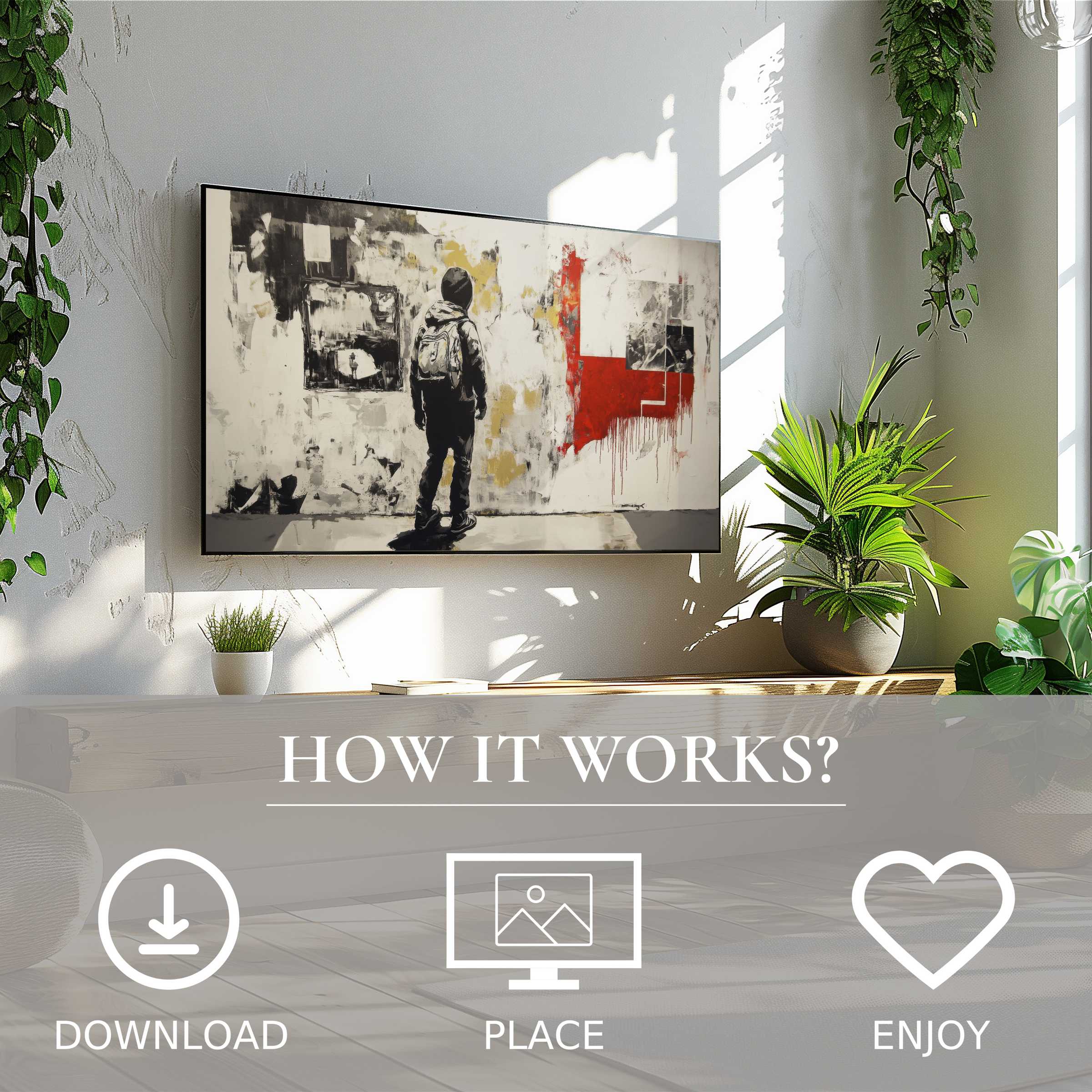 Modern living room with street art for Samsung TV; digital download shows faded urban motif, enriching space simply