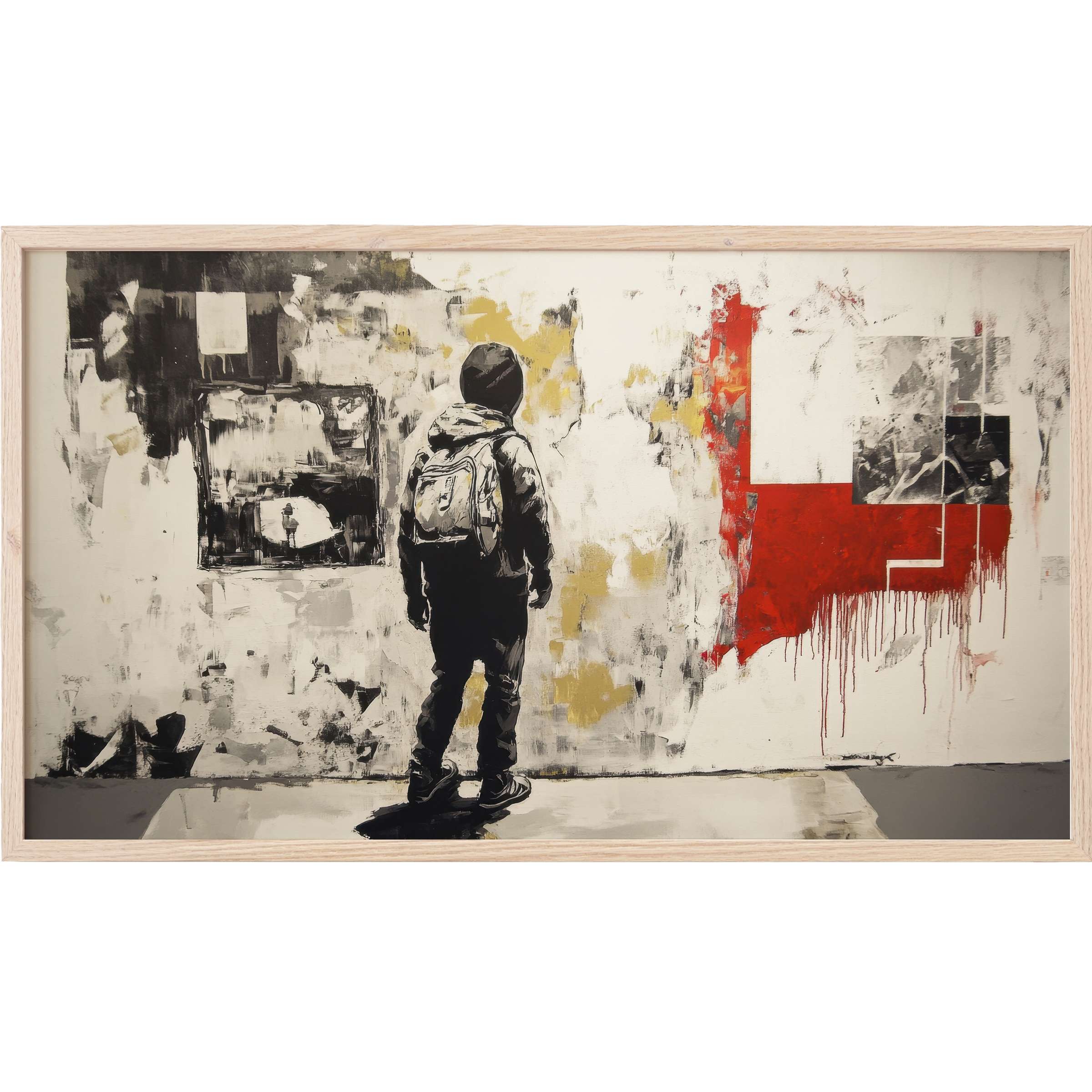 Street art Frame TV Art featuring a lone figure in black with bold red and gold abstract accents on white