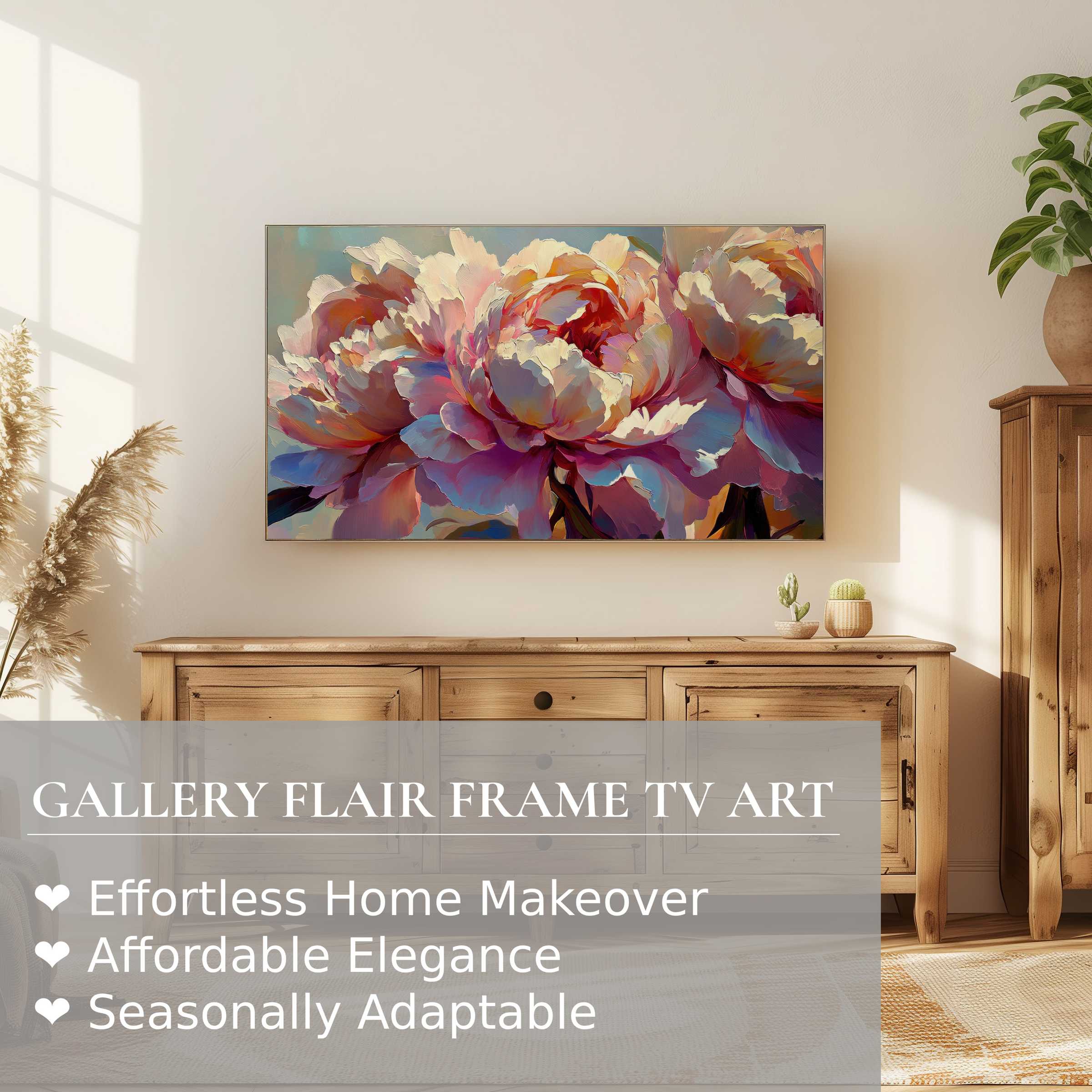 Samsung Frame TV displaying vibrant floral digital artwork in a sunlit modern living room with rustic wood decor
