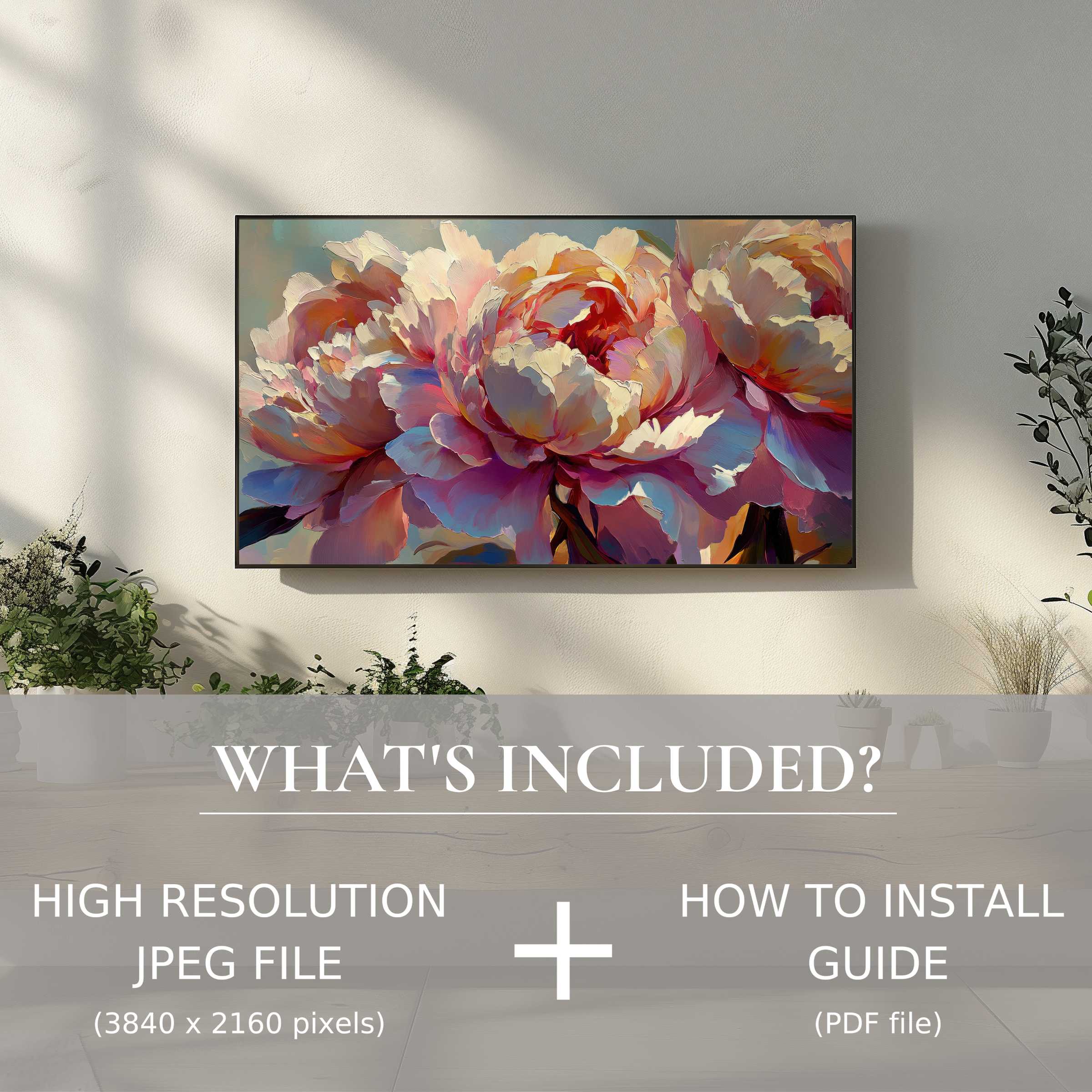 Elegant floral digital TV art download enhancing stylish living spaces with easy digital use and vibrant high-res JPEG