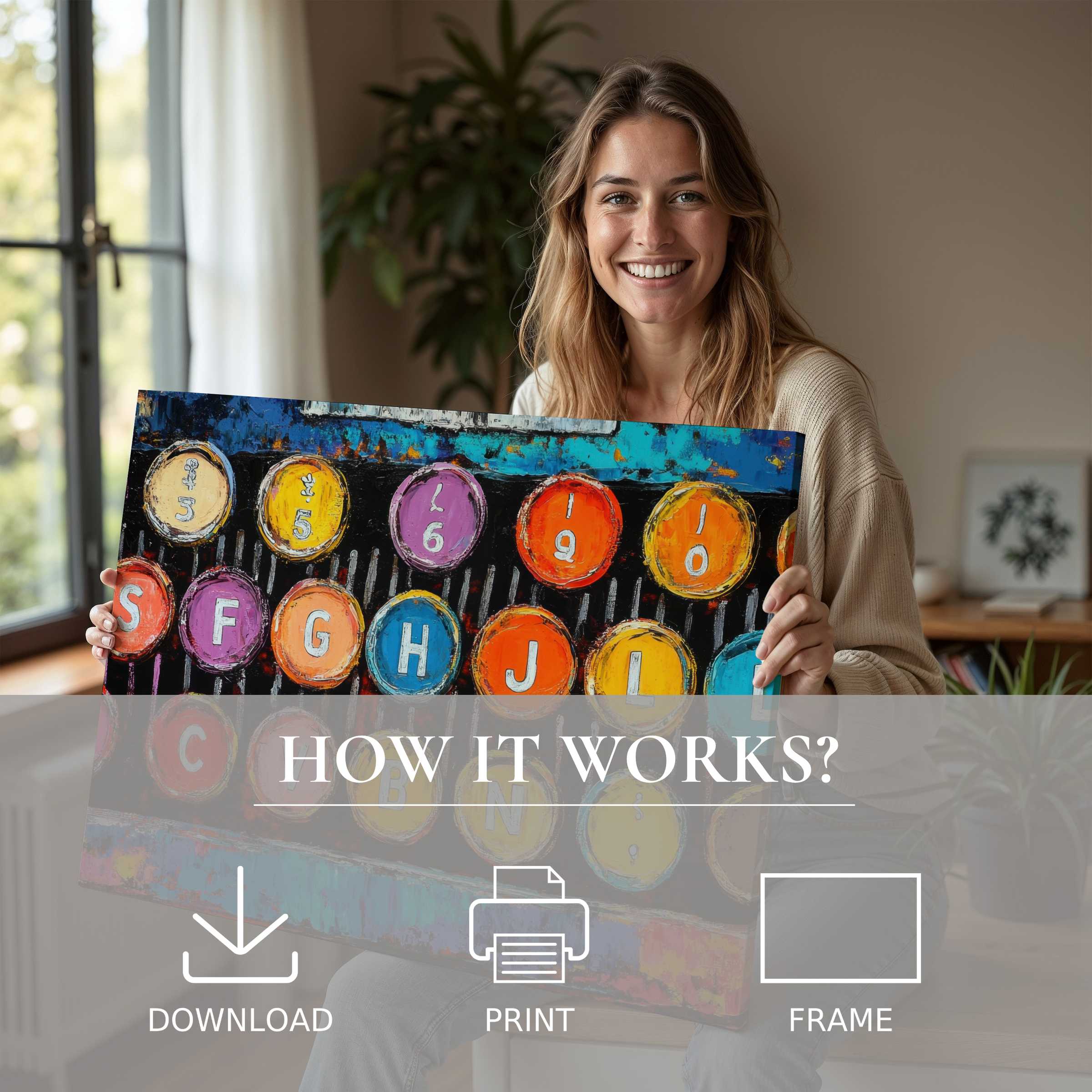 A luminous moment of joy and connection as vibrant pop art digital art print transforms a serene, modern home space