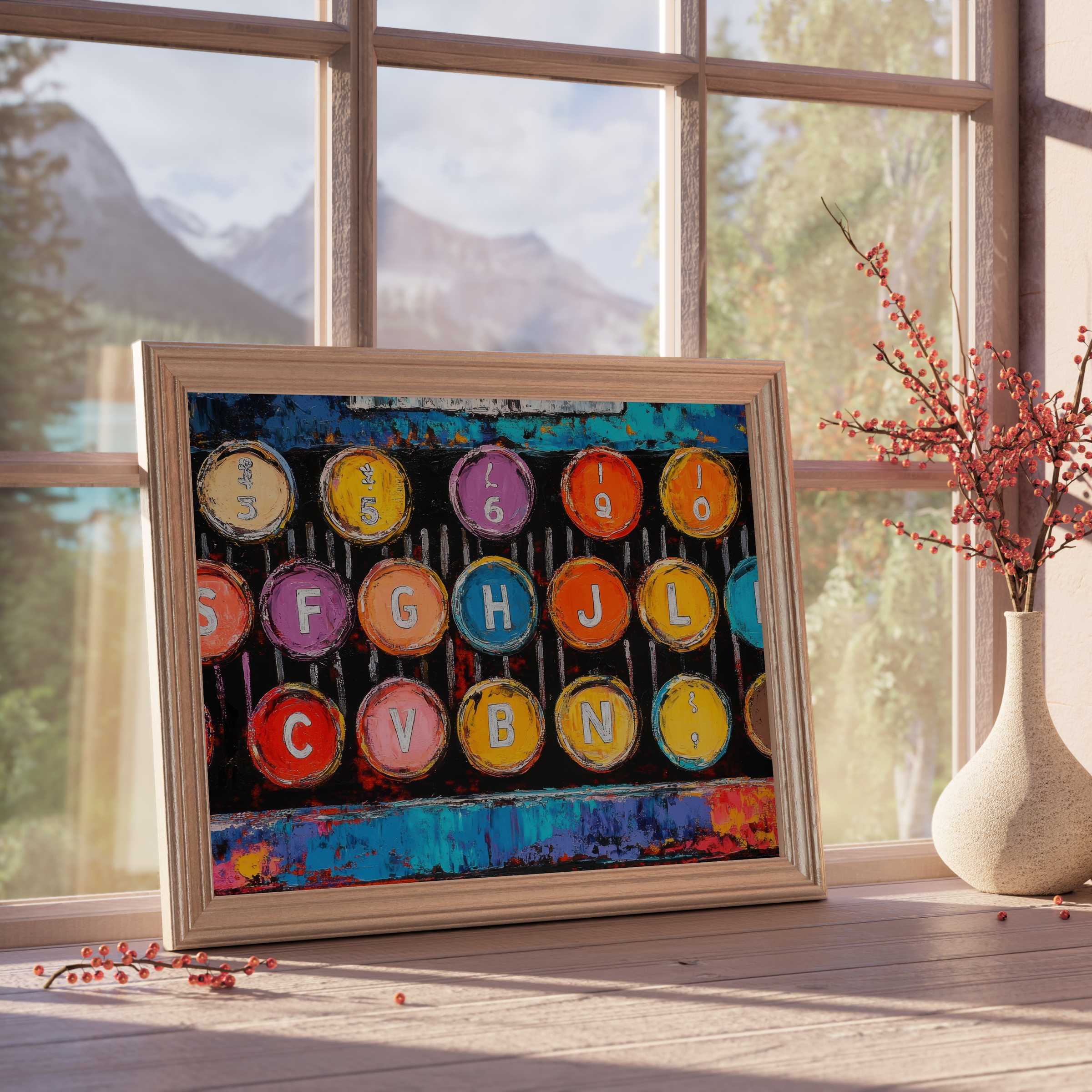 Vibrant pop art downloadable art depicting retro typewriter keys in bold hues, enriching curated, tranquil interiors with vintage charm