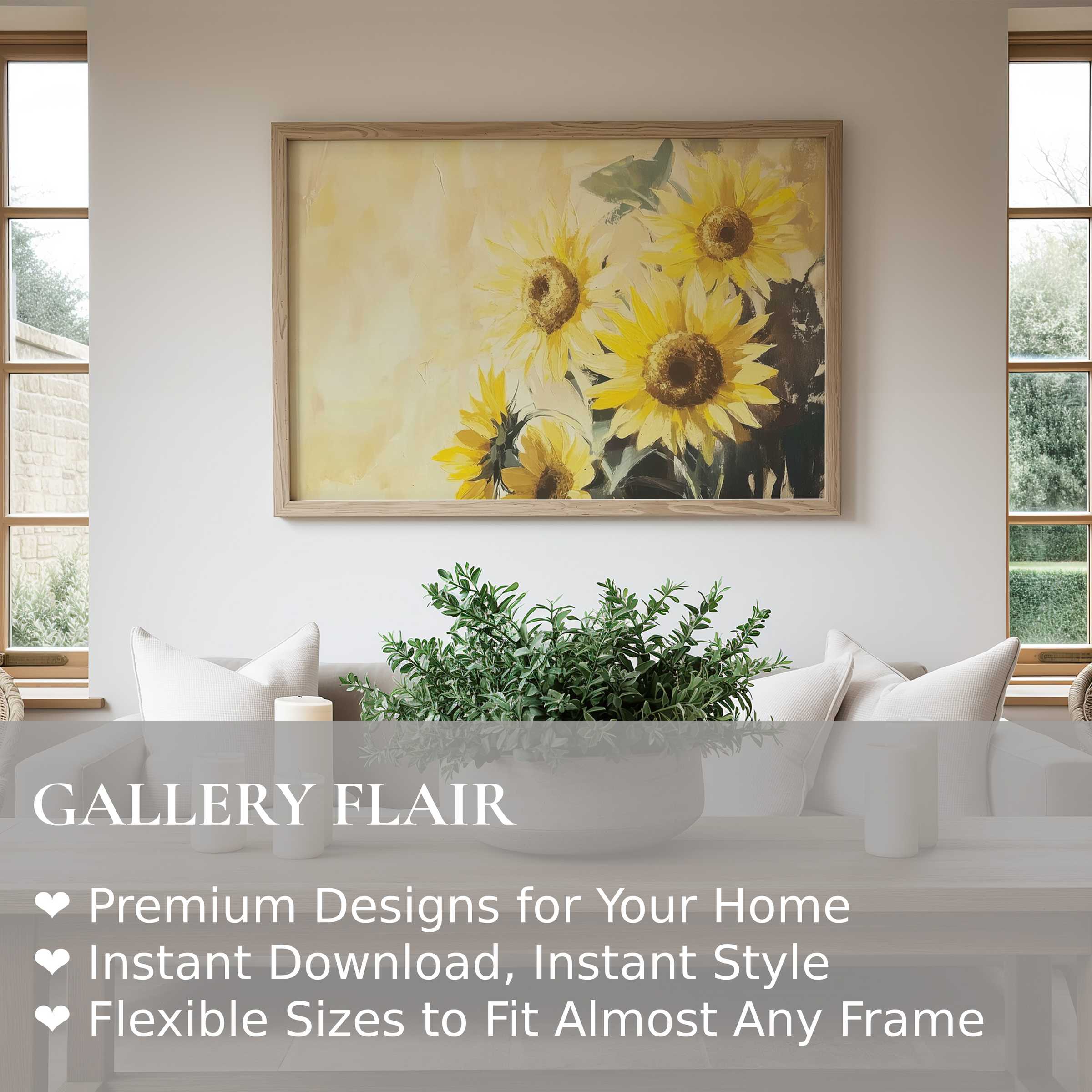 Radiant spring wall art print featuring sunflowers in soft, warm hues, enhancing modern minimalist interiors with natural elegance