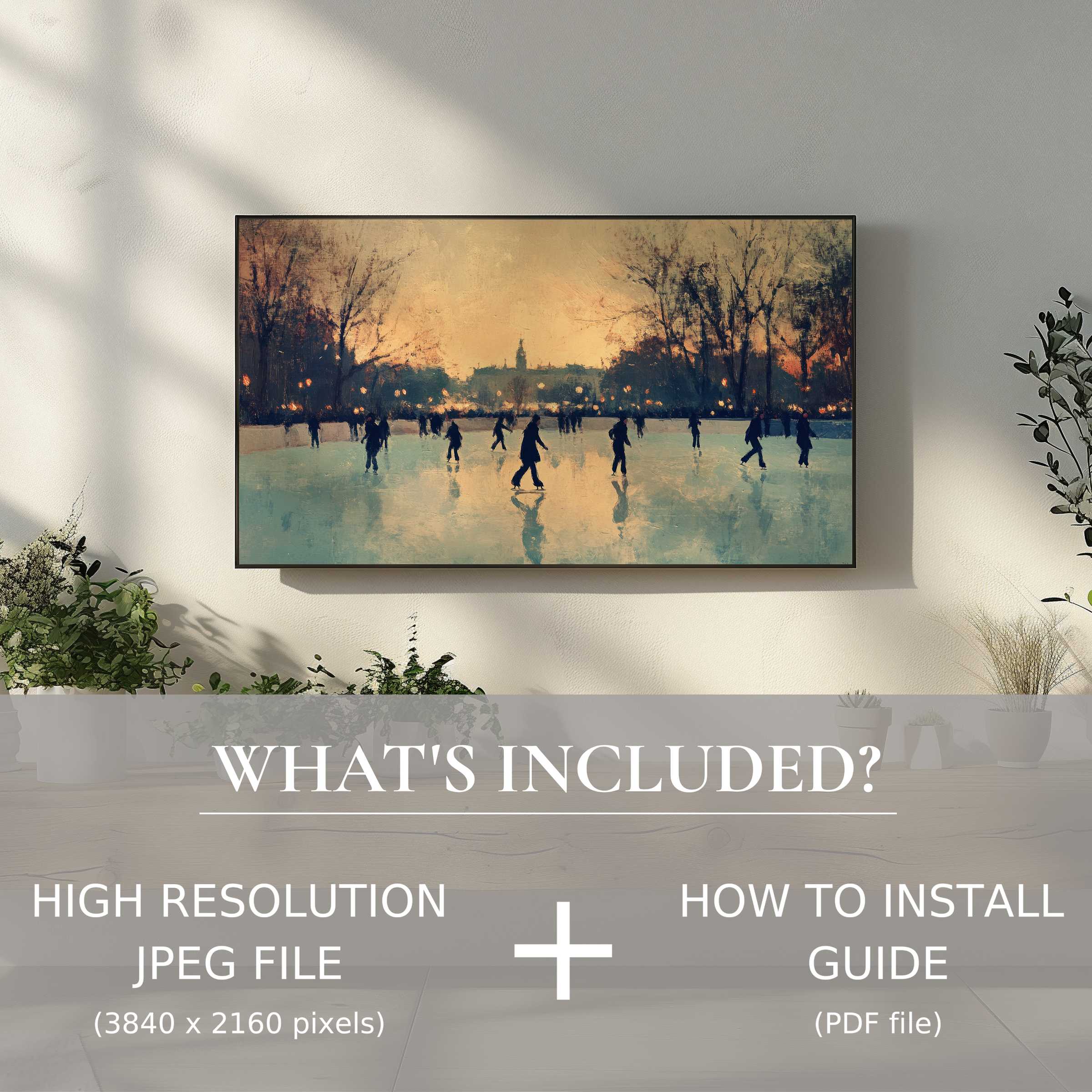 Winter digital TV art download showcasing a serene ice skating scene, enhancing your space with effortless elegance