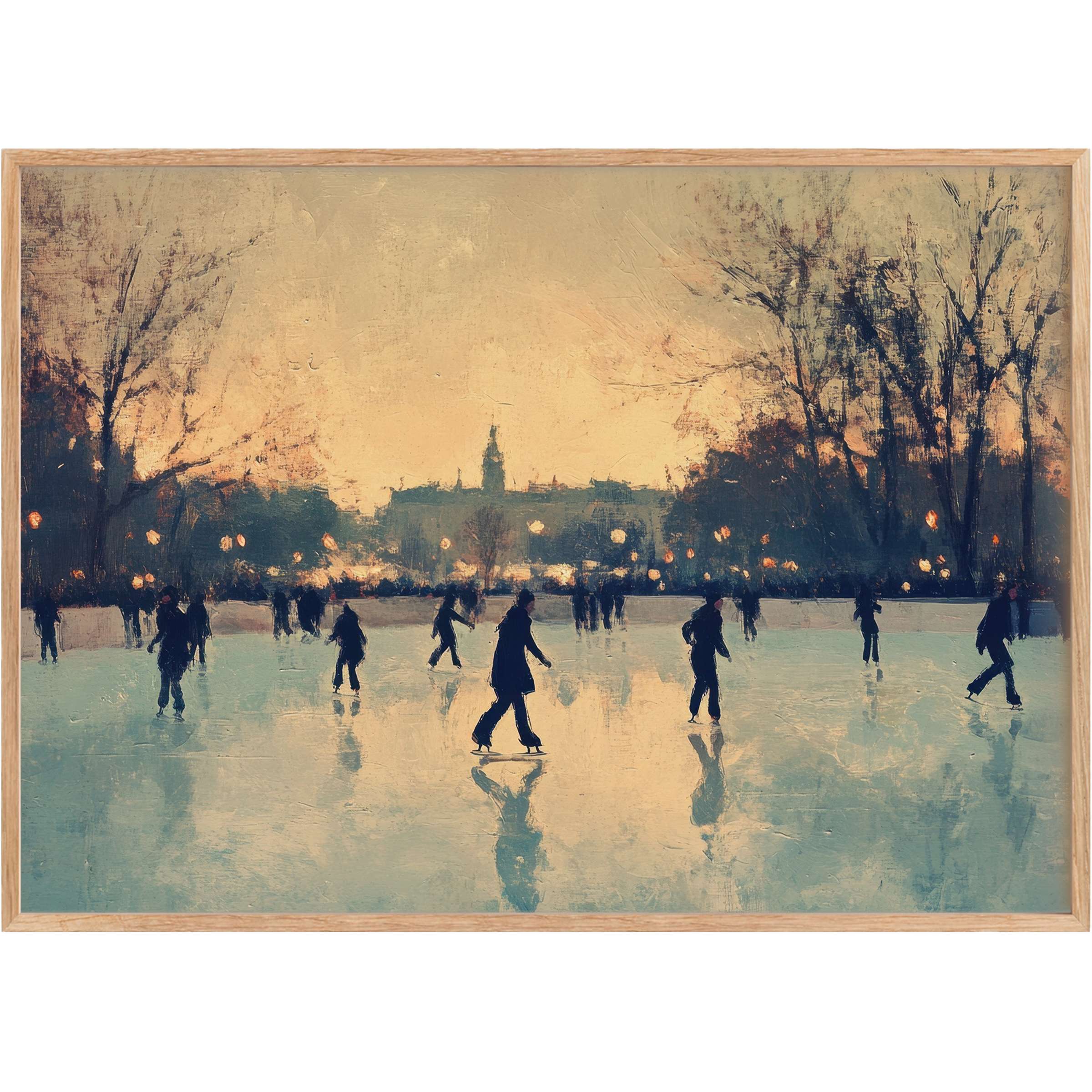 Winter printable wall art capturing a serene ice skating scene at dusk, with soft blues and warm amber tones evoking calm elegance