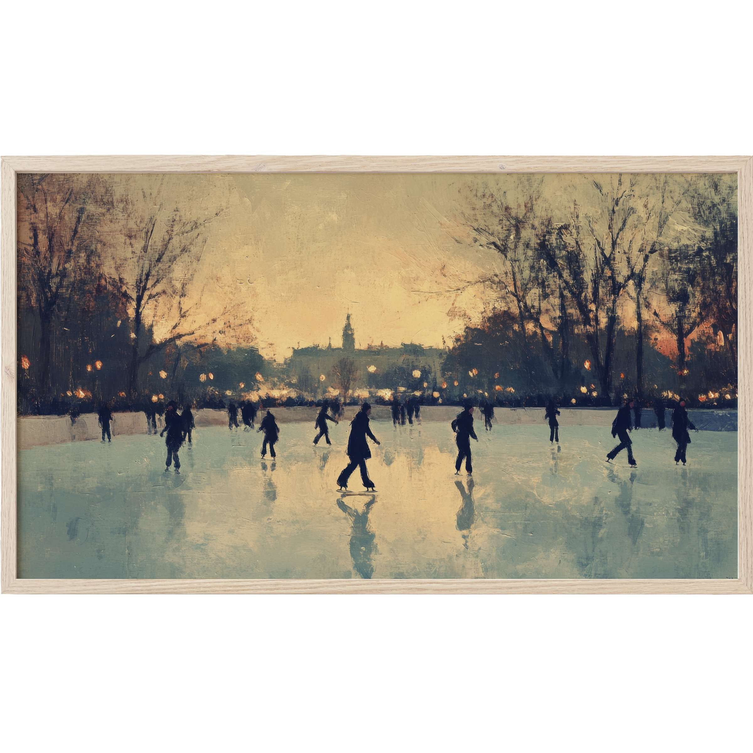 Elegant winter Frame TV Art depicting ice skaters in a muted palette of blues, golds, and dark silhouettes at dusk