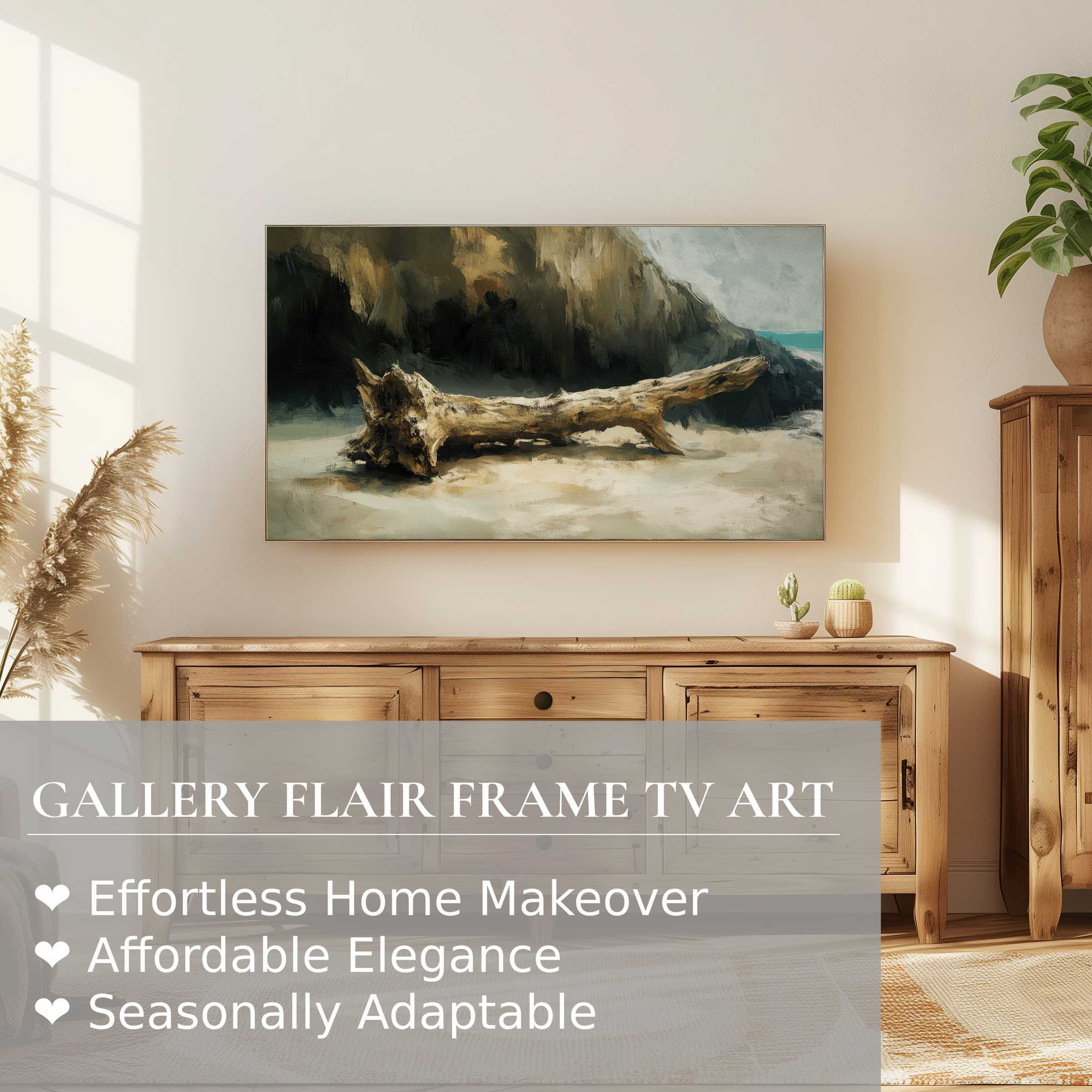 Samsung Frame TV displaying coastal digital artwork of driftwood on a serene beach in a modern, sunlit room