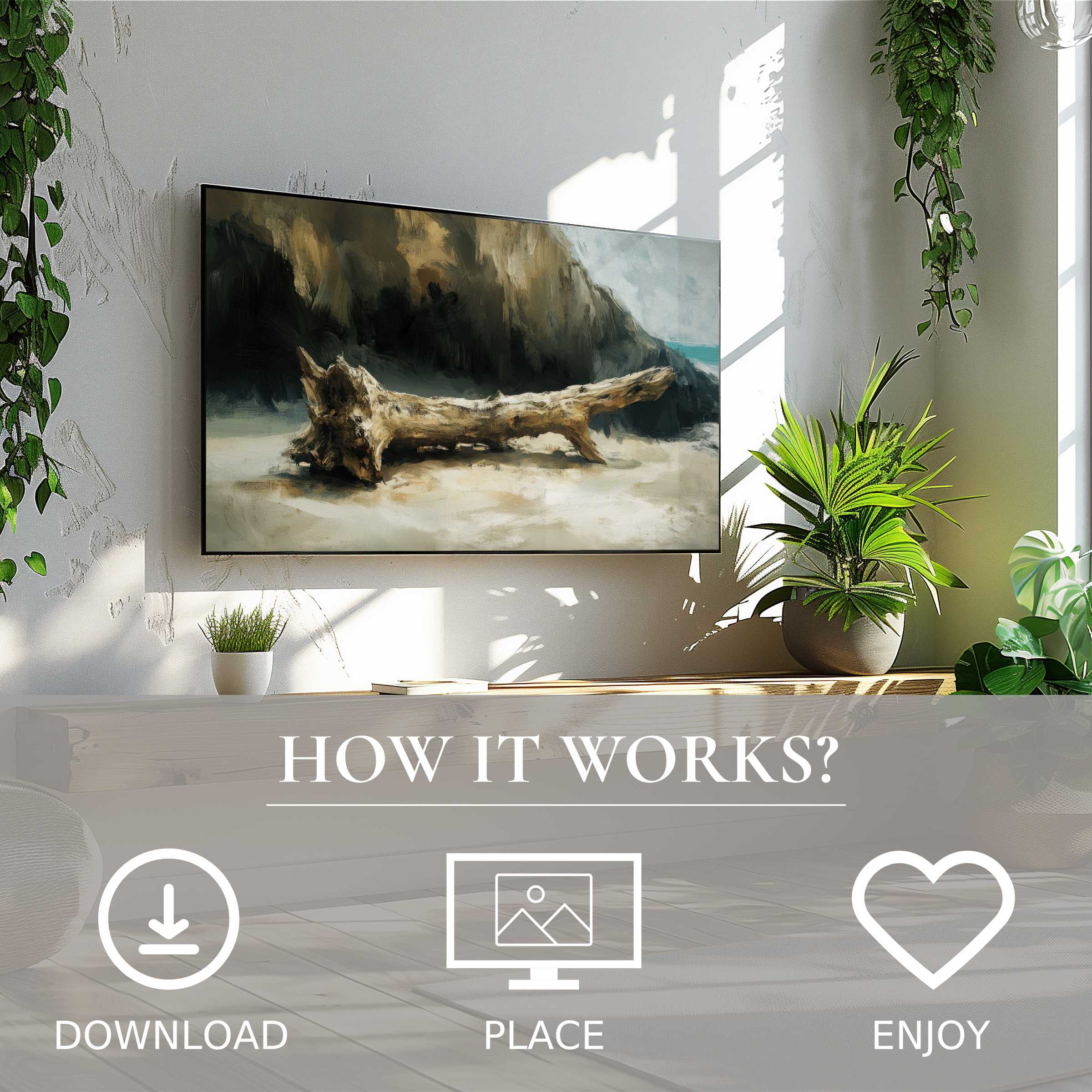 Coastal art for Samsung TV: easy digital download showing soft sandy driftwood tones enriching modern living spaces